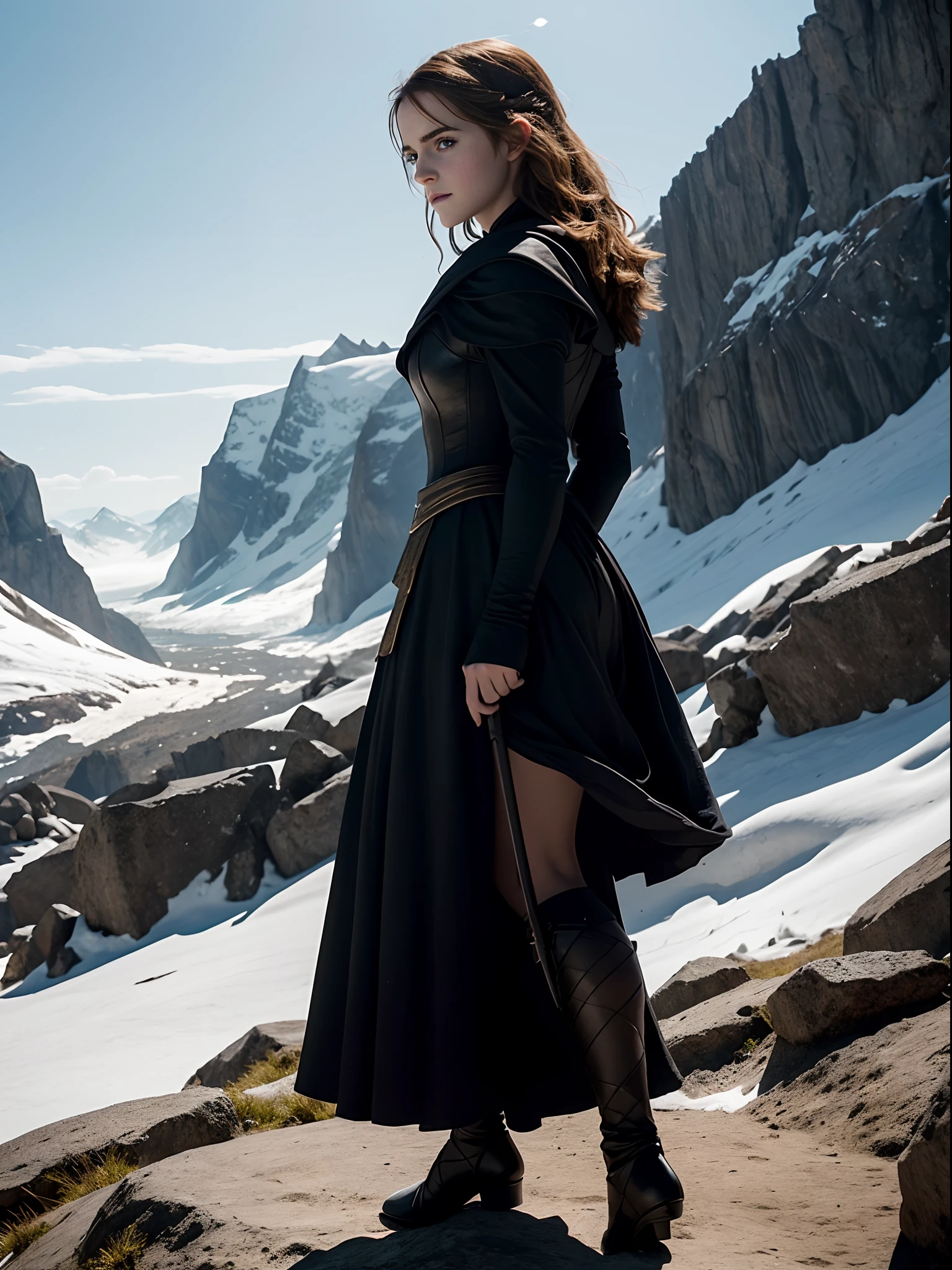 there is a woman in a black dress standing in front of a mountain, emma watson as a knight, emma watson as joan of arc, emma watson as giant man, emma watson as driada, film still of emma watson, movie still of emma watson, emma watson as the queen of ice, emma watson as supergirl, emma watson as kratos
