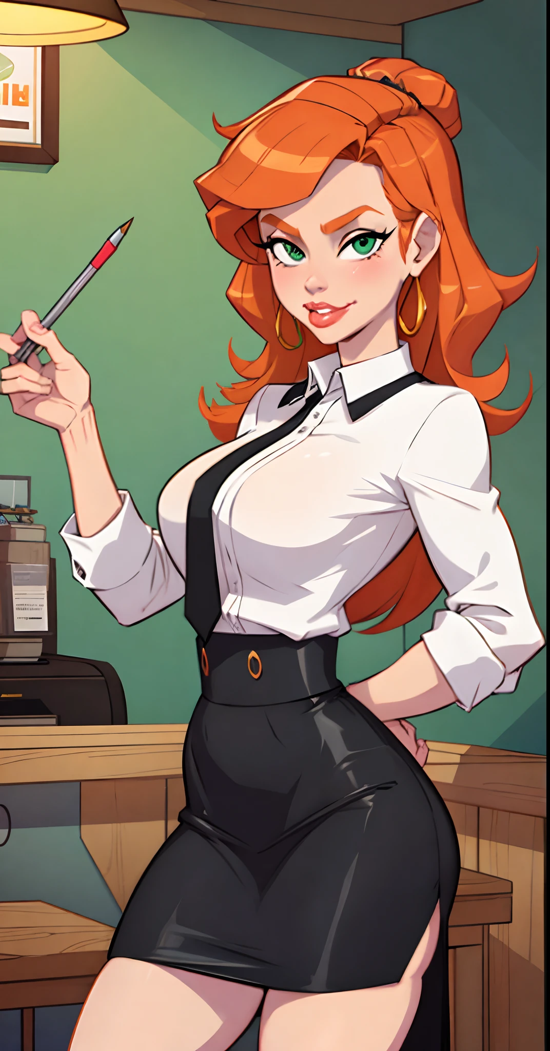 1girl, Best quality, masterpiece, cowboy shot, orange hair, green eyes, tight cloth, office clothes, office, white clothes, wet, facial sperm