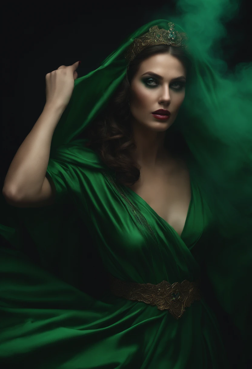 A goddess in Greek robes opened a gift. Dark smoke and horrorful creatures flew out. The woman in horror and terrified and feared face. Woman wearing a green dress. Close look. 3D high quality realistic