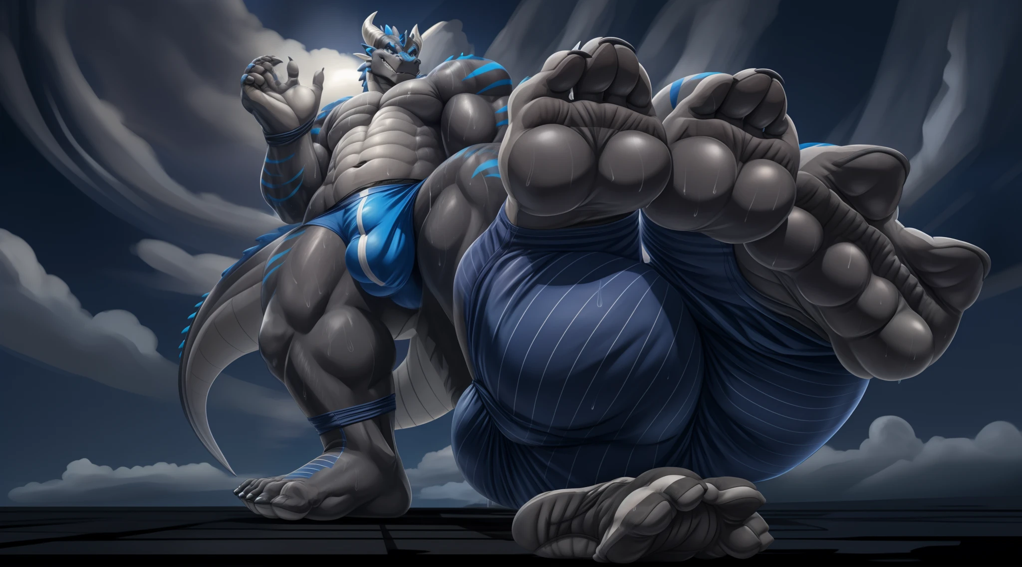 Bulge growth, black anthro dragon, blue stripes, big feet, 3 toes, bulge outline, plantigrade feet, swollen soles, growing feet, sweaty soles, sweating, sweat, blue speedo, grey belly, grey soles