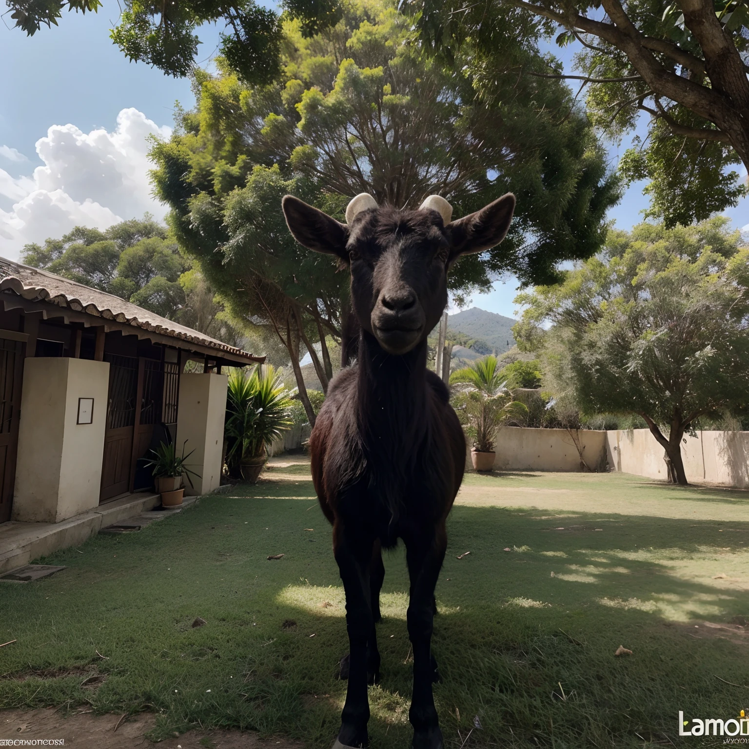 A Goat Standing, His outfit is a black suit and tie, he has the head of a black goat, rosto de bode preto,In the background of the image is a beautiful paradise, com nuvens, and birds flying overhead, com raio de luz do sol radiante na imagem de alta qualidade, place is a paradise only its bottom, raios de sol e luz,