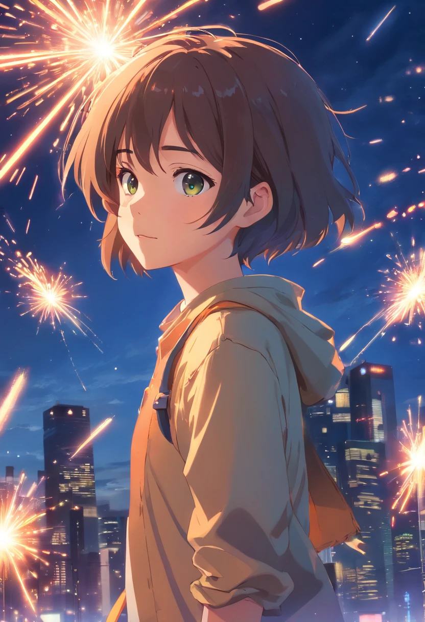 obra-prima, melhor qualidade, filme ainda, 1boy, garoto raio, floating into the sky, close-up, brilhante, raivoso, Soft lighting and Warm, chovendo, (Sparks: 0,7)