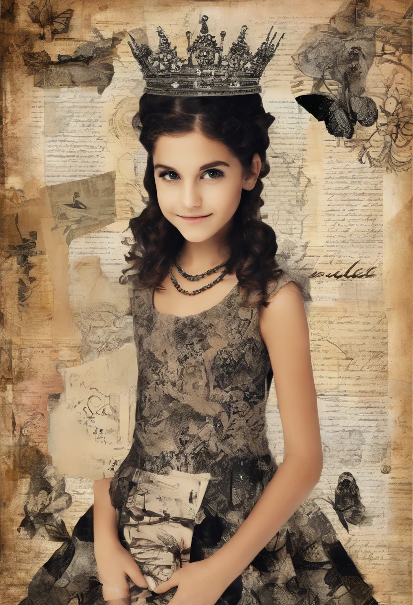Menina de 8 a 11 anos de idade de cabelos longos e loiros pele clara com vestido de estampas de cartas de baralho e tiara de lacinho preta.
