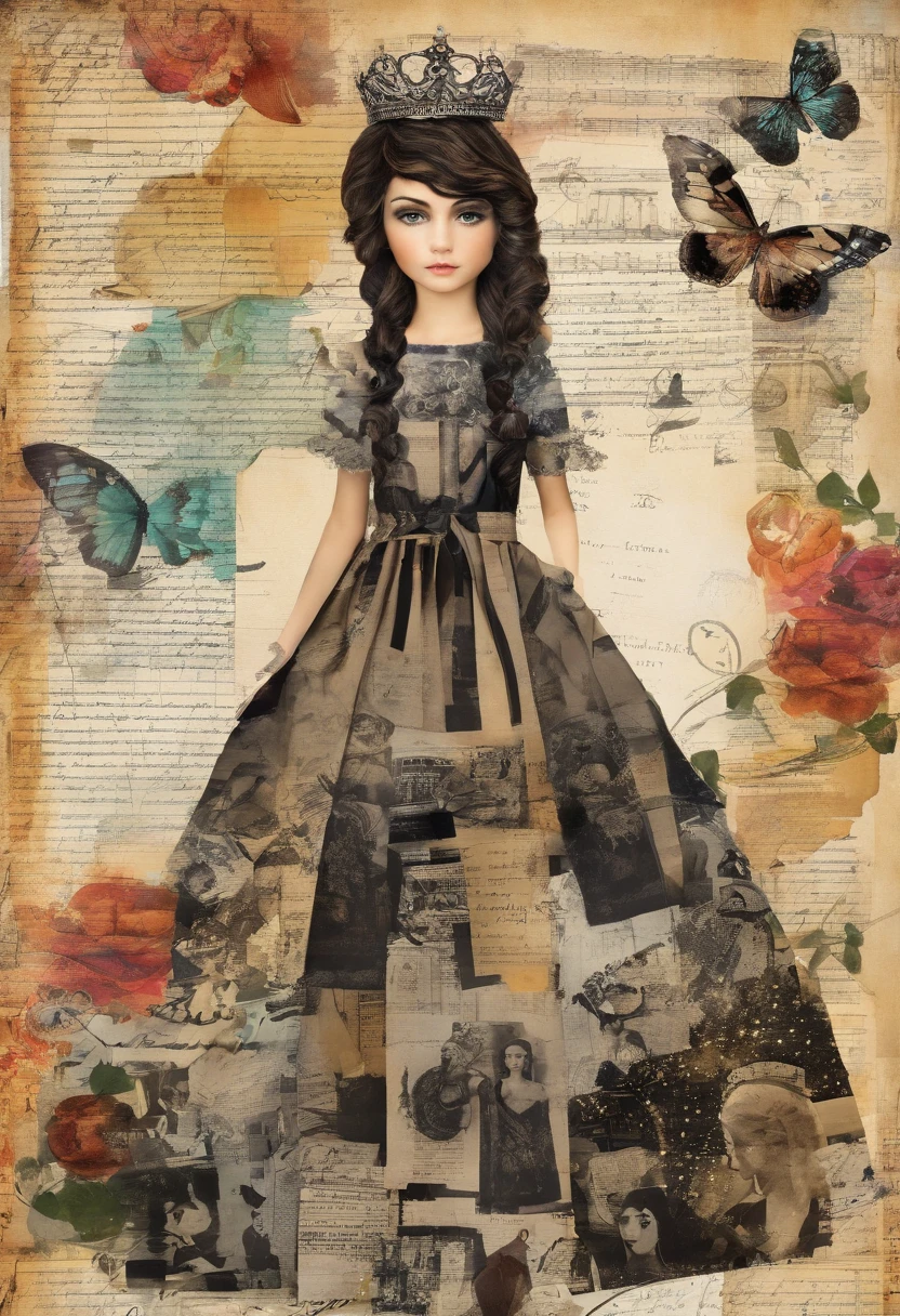 Menina de 8 a 11 anos de idade de cabelos longos e loiros pele clara com vestido de estampas de cartas de baralho e tiara de lacinho preta.