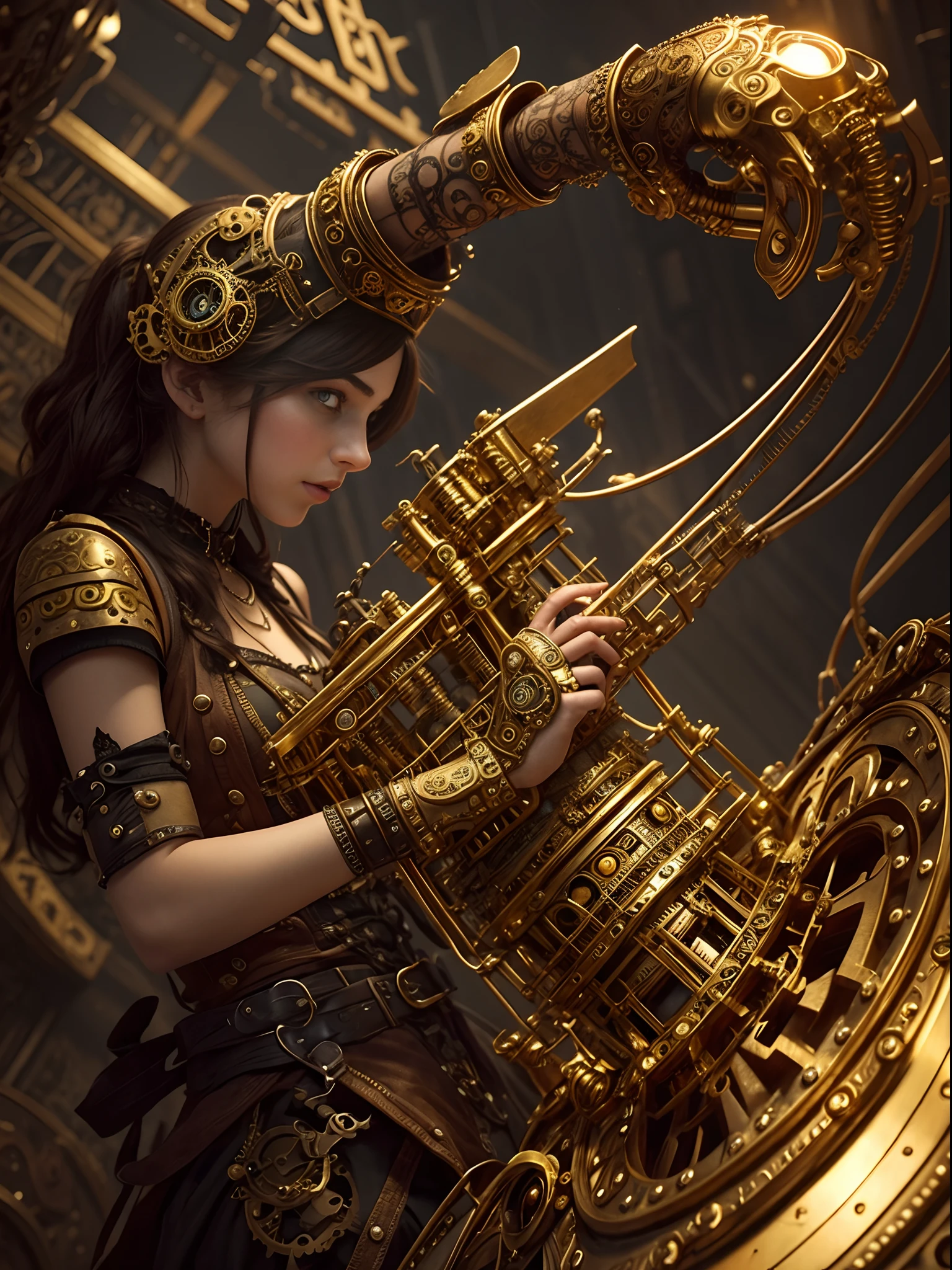 Imagine a steampunk-themed digital composition where intricate golden hands control a fantastical contraption