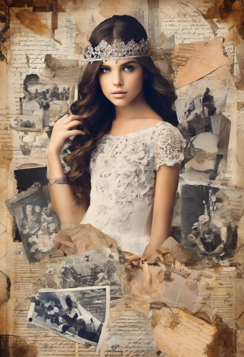 Menina de 8 a 11 anos de idade de cabelos longos e loiros pele clara com vestido com estampas de cartas de baralho e tiara de lacinho preta. Os nipes de baralho devem estar ao fundo.