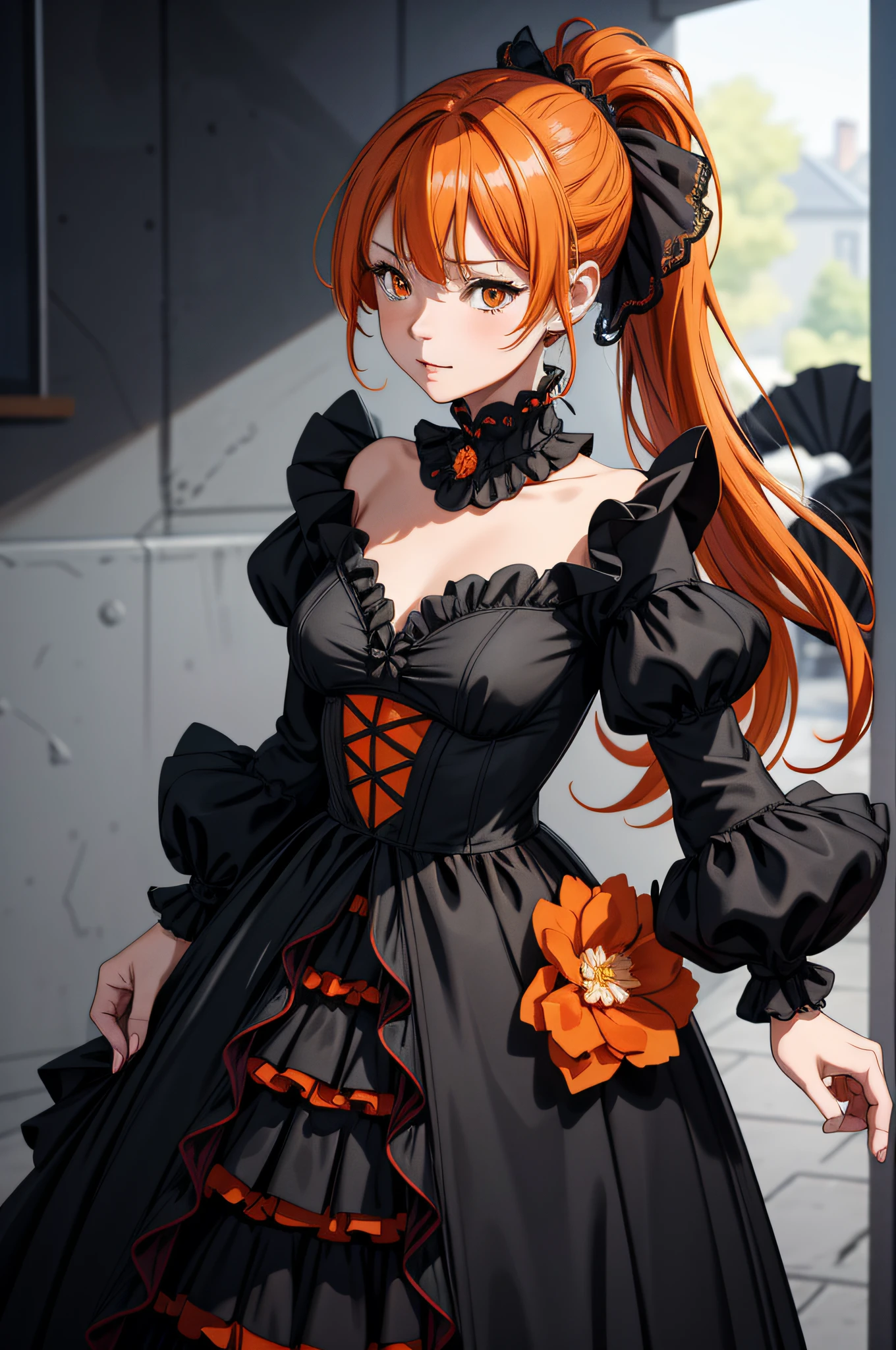 Orange hair girl, black ruffled sleeves dressed, long ponytail, flower in her, smooth focus, crystal-clear, ornate, (8k,UHD),(8k Resolution), vivid, vibrant, masterfully, inspired by Sasucchi95, professional digital art, digital illustration, high rendering