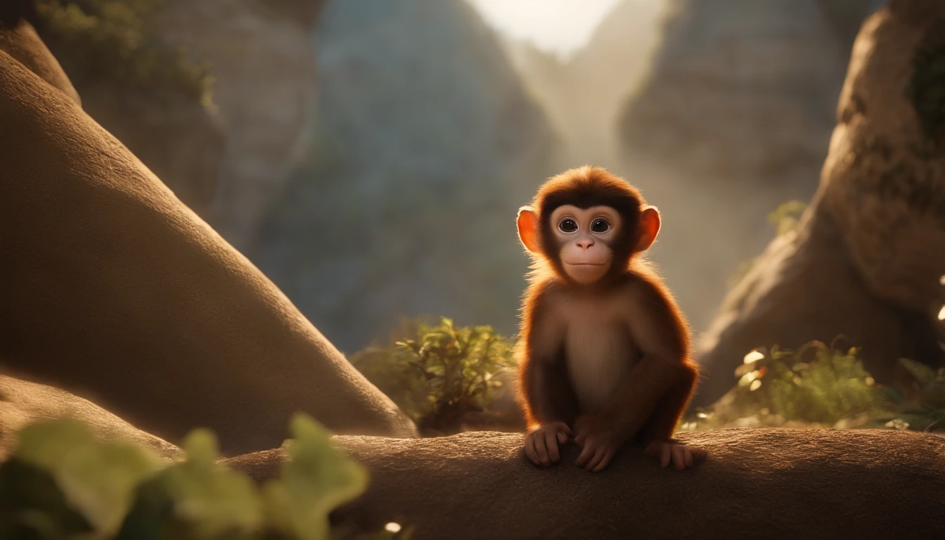Film image quality,style of disney animation,A small child in a cave,Use of archaeological monkeys,Cabello corto y detallado,Con un sombrero puesto,Zapatos de cuero,Profundidad de campos,Luz alta,Luz real,Trazado de rayos,OC renderizado,hyper-realistic,Mejor calidad,8k,Obras de maestros,Super-fino,Old pubic detailed,anatomy correct,sharp focus on eyes,Bokeh,Los rasgos faciales se representan cuidadosamente
