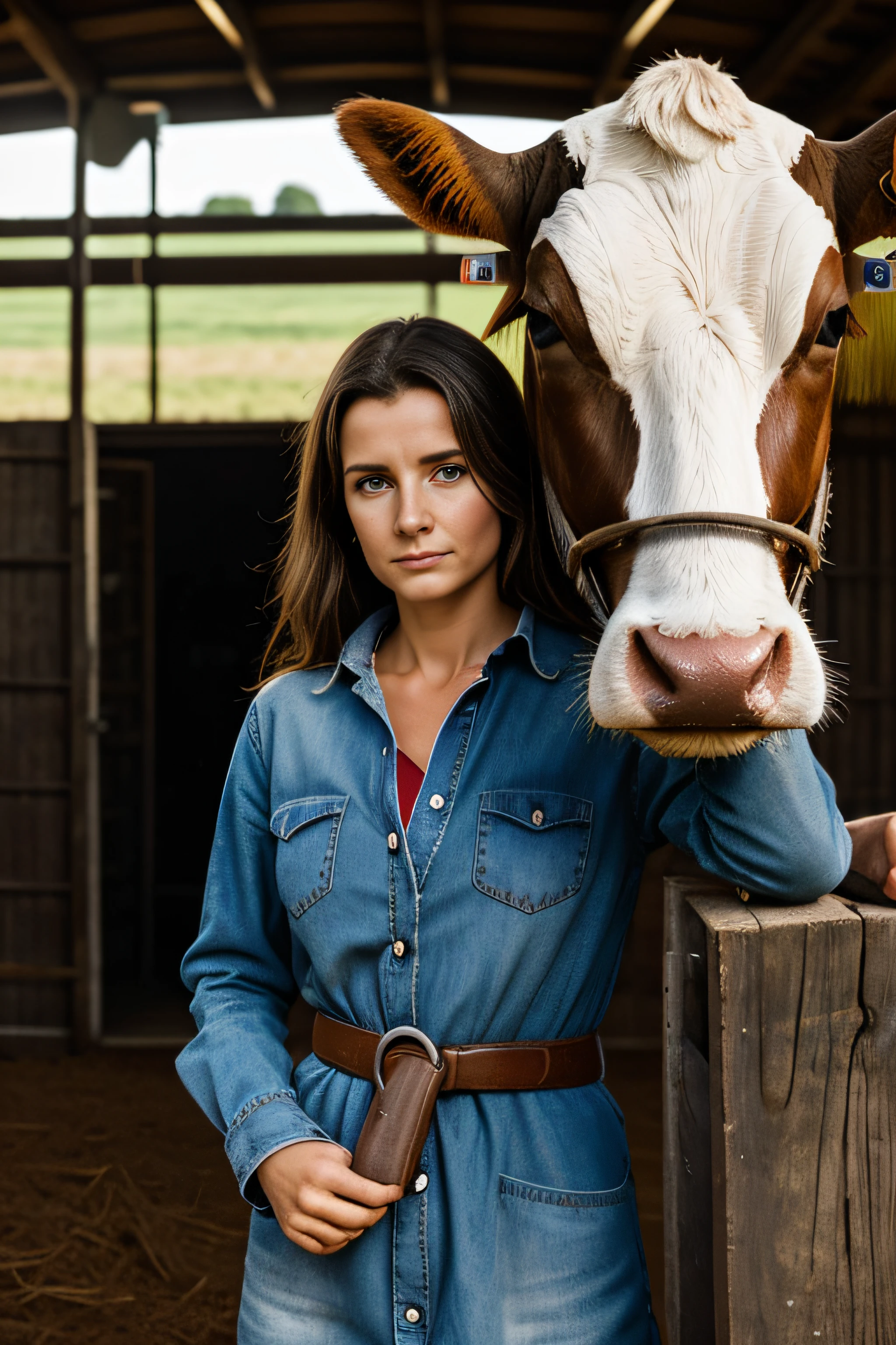 Une femme dans une ferme avec un air triste, The character must be centered, visage de face, et les yeux qui fixe le spectateur, The image must be captivating, the subject must be visible above the belt and a cow must be visible