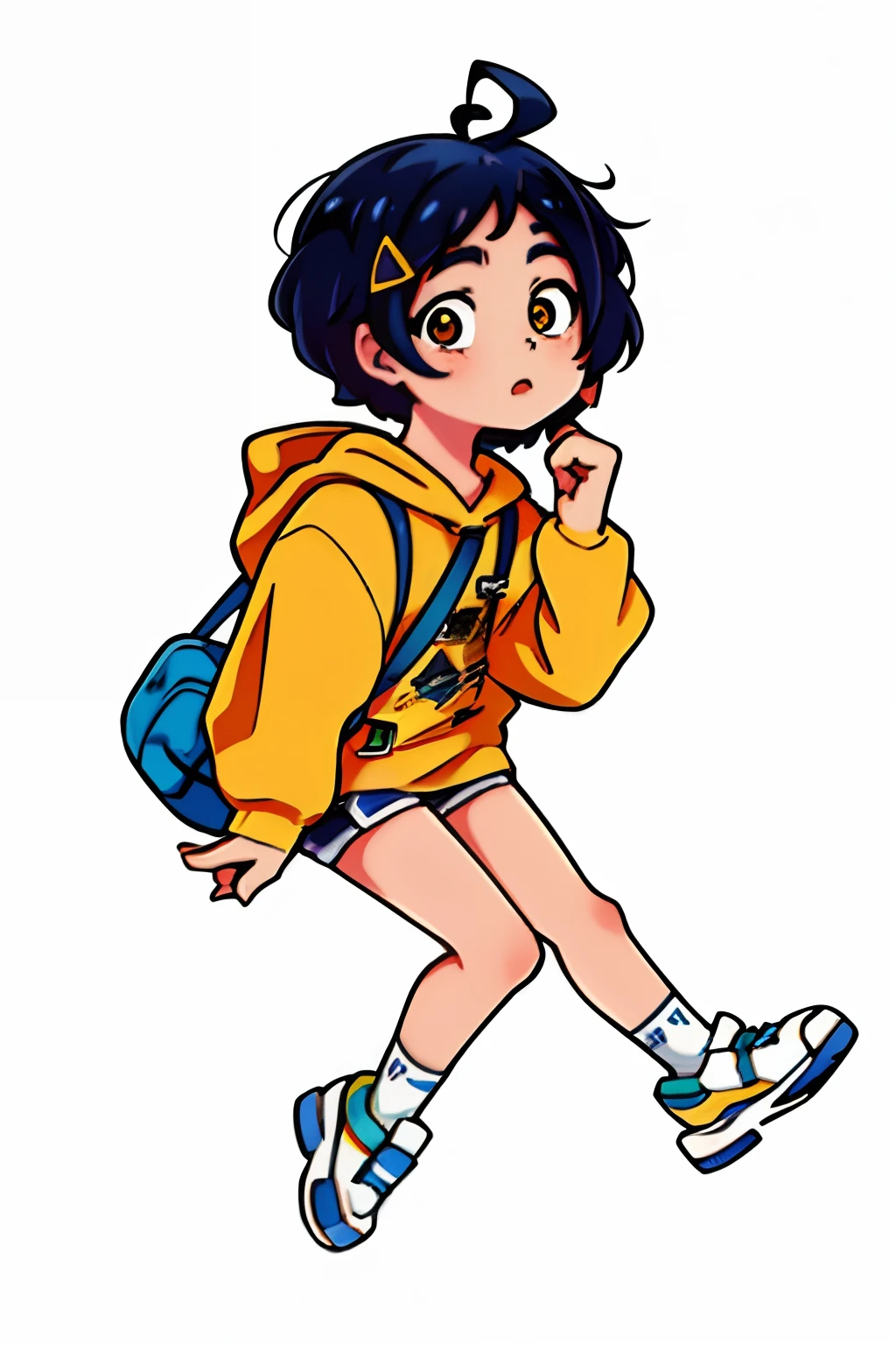 1girl, masterpiece, best quality, ultra-detailed, (shiny skin:1.2), Ai_Ohto0 1girl, blue_hair, short_hair, hair_ornament, ahoge, hairclip, heterochromia, blue_eyes, yellow_eyes, hood, hoodie, yellow_hoodie, shoes, shorts, hood down, blue_shorts,bag, sticker, white outline, grey background Portrait, 1girl, cheek pull, puffy cheeks