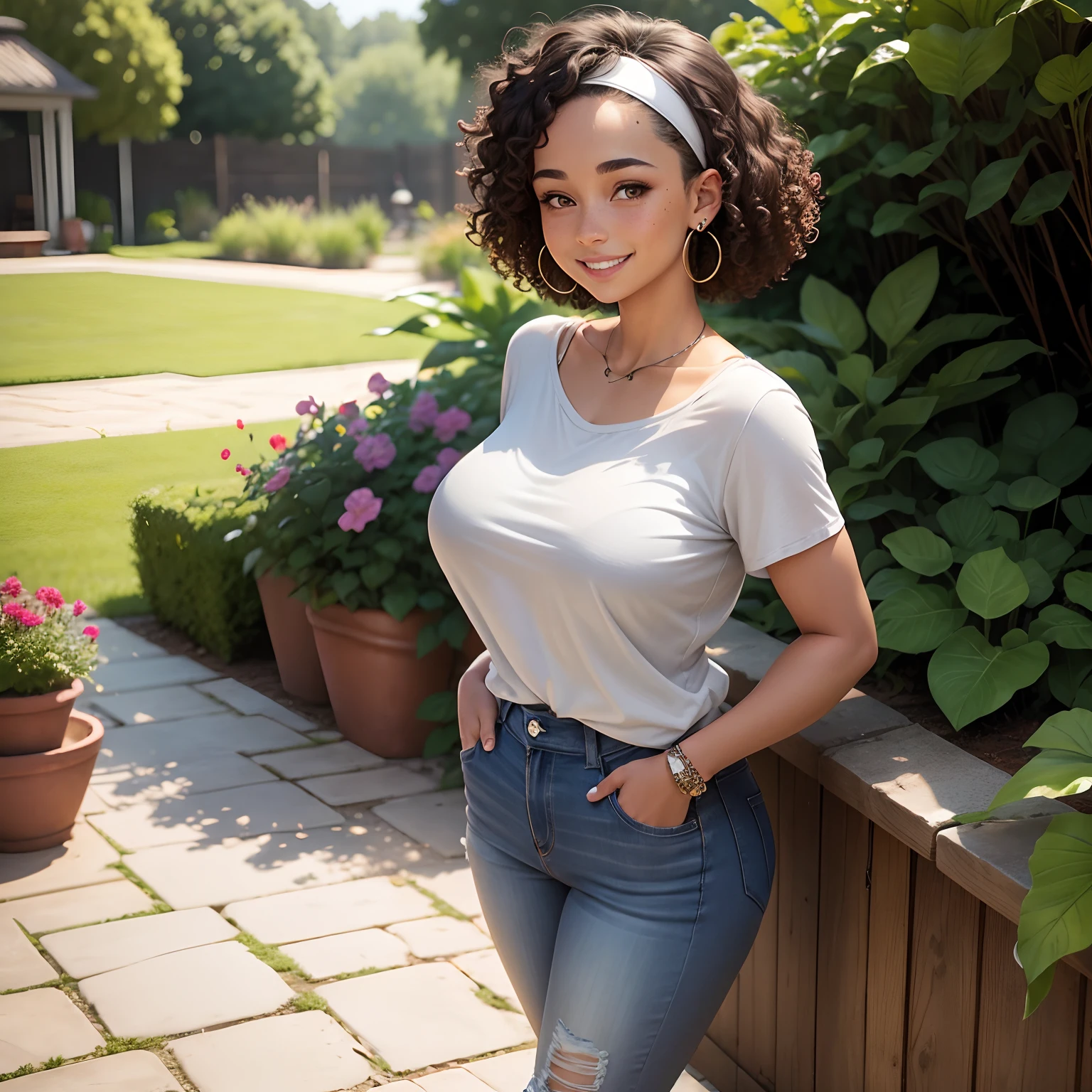 Full-body image, Girl with curly short brown hair, headband, pierced ears, earrings, freckles, tan skin, smiling, large breasts, garden background, gray shirt and jeans