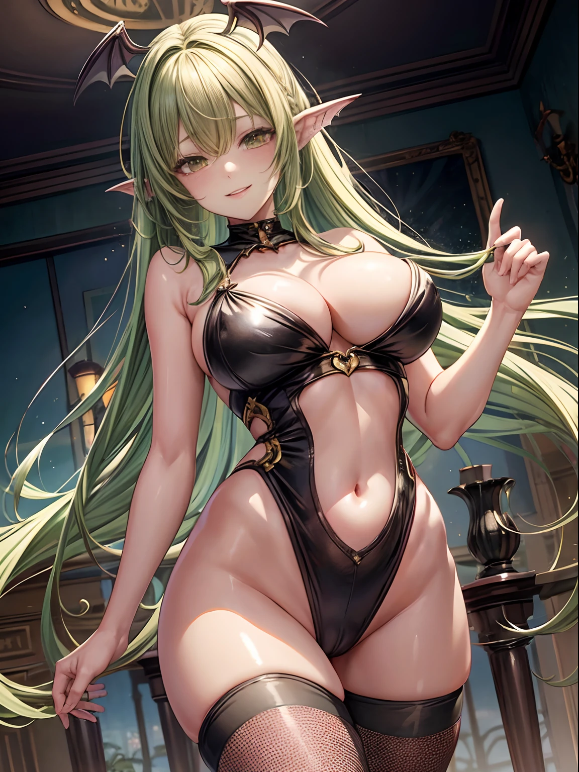 top-quality、Full limbs、complete fingers、One beautiful woman、Beautiful Large Breasts、straight haired、Yellow-green hair、Succubus、Black Leotard、Leotards with exposed belly、Pink Pantyhose Leggings、A big smile、In a dream、Nasty dreams、Naughty atmosphere、heart、the presence of feathers on the hips,
