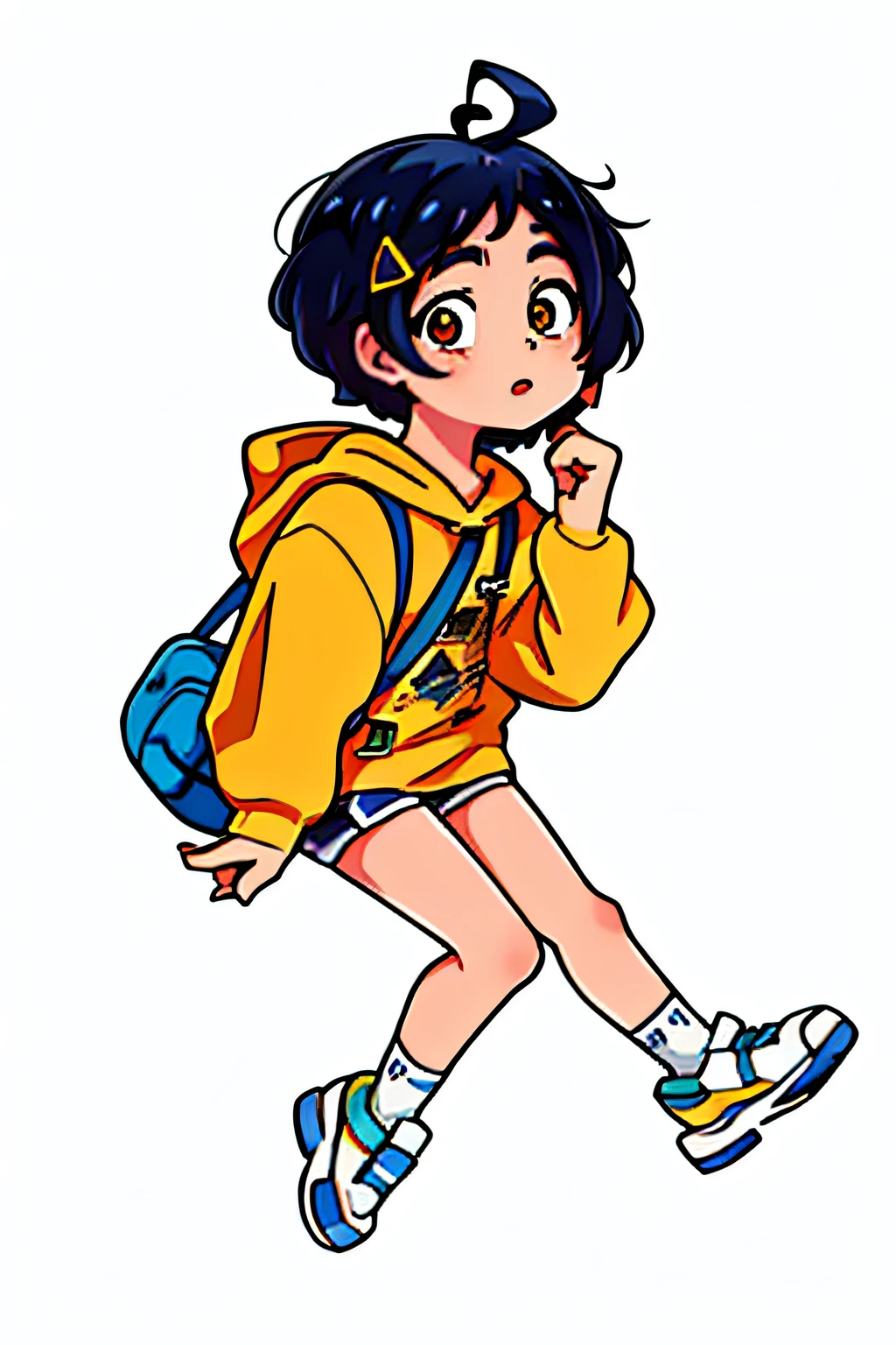 1girl, masterpiece, best quality, ultra-detailed, (shiny skin:1.2), Ai_Ohto0 1girl, blue_hair, short_hair, hair_ornament, ahoge, hairclip, heterochromia, blue_eyes, yellow_eyes, hood, hoodie, yellow_hoodie, shoes, shorts, hood down, blue_shorts,bag, sticker, white outline, grey background Portrait, 1girl, cheek pull, puffy cheeks