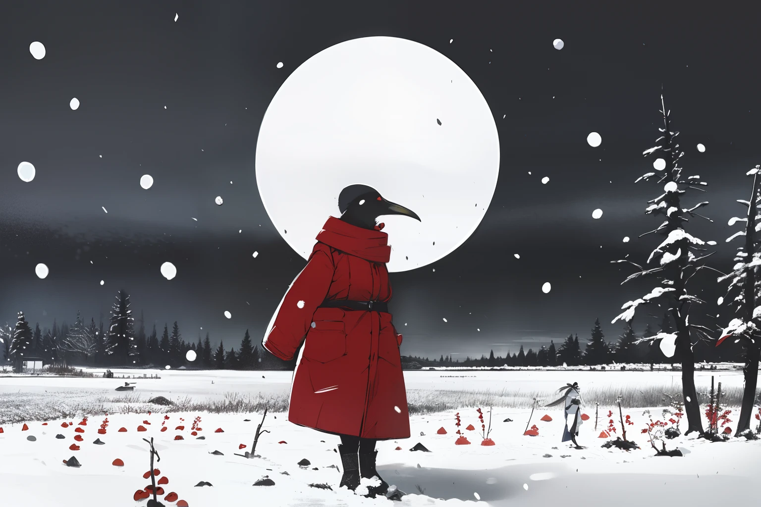 masterpiece, best quality, (tribal, ethnic, native inuit), 1girl, red scarf on wind, standing, winter, snow storm, wind, heavy snowfall, tundra, marsh, red berries, grey, white, dark, night, giant birds in the sky,  sketch