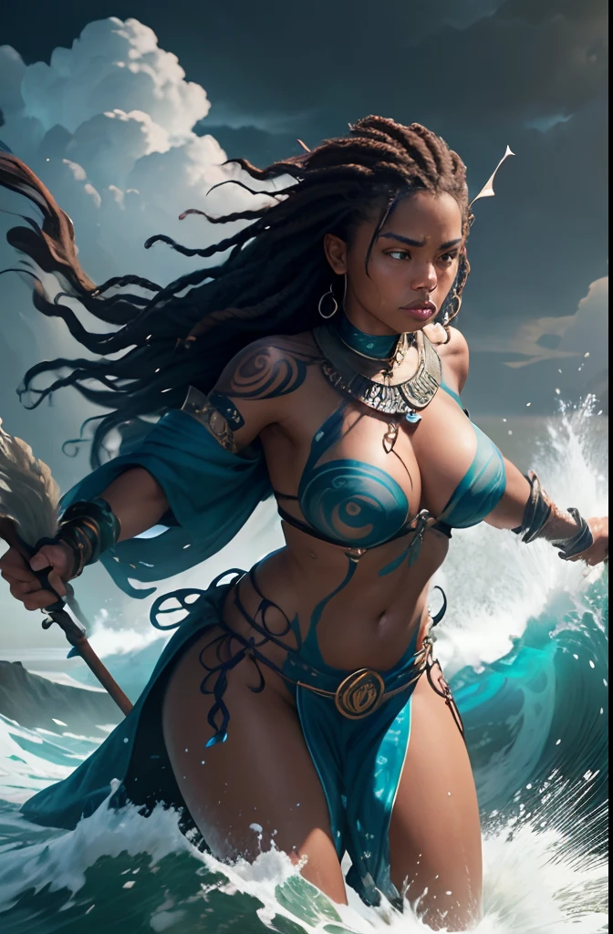 (best quality,4k,8k,highres,masterpiece:1.2),ultra-detailed,realistic,hair necklace,tribal tattoos,aquatic-themed attire,confident expression,fiery eyes,elemental symbols,dynamic waves,splashing water,luminous sea foam,glowing magic sigils,forceful casting motion,mystical energy,battle scars,strong and muscular build,weathered skin,determined gaze,dark-skinned,elegant and powerful,40 foot waves,towering storm clouds,ominous thunder,roaring sea spray,wind-whipped dreadlocks,worn and aged trident,commanding presence,commanding presence,35-year-old female water shaman tribal leader in fighting pose on a raging sea,casting powerful magic spells, full tribal mage robe, staff of seashells