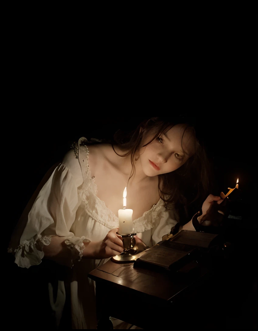 arafed woman in a white dress holding a lit candle, inspired by Godfried Schalcken, candlelit, candlelight, by Godfried Schalcken, inspired by Sophie Pemberton, candle lighting, holding a candle, candle lit, belle, dark tones and candlelight, lit with candles, candle light, dark, dramatic candlelight, girl under lantern