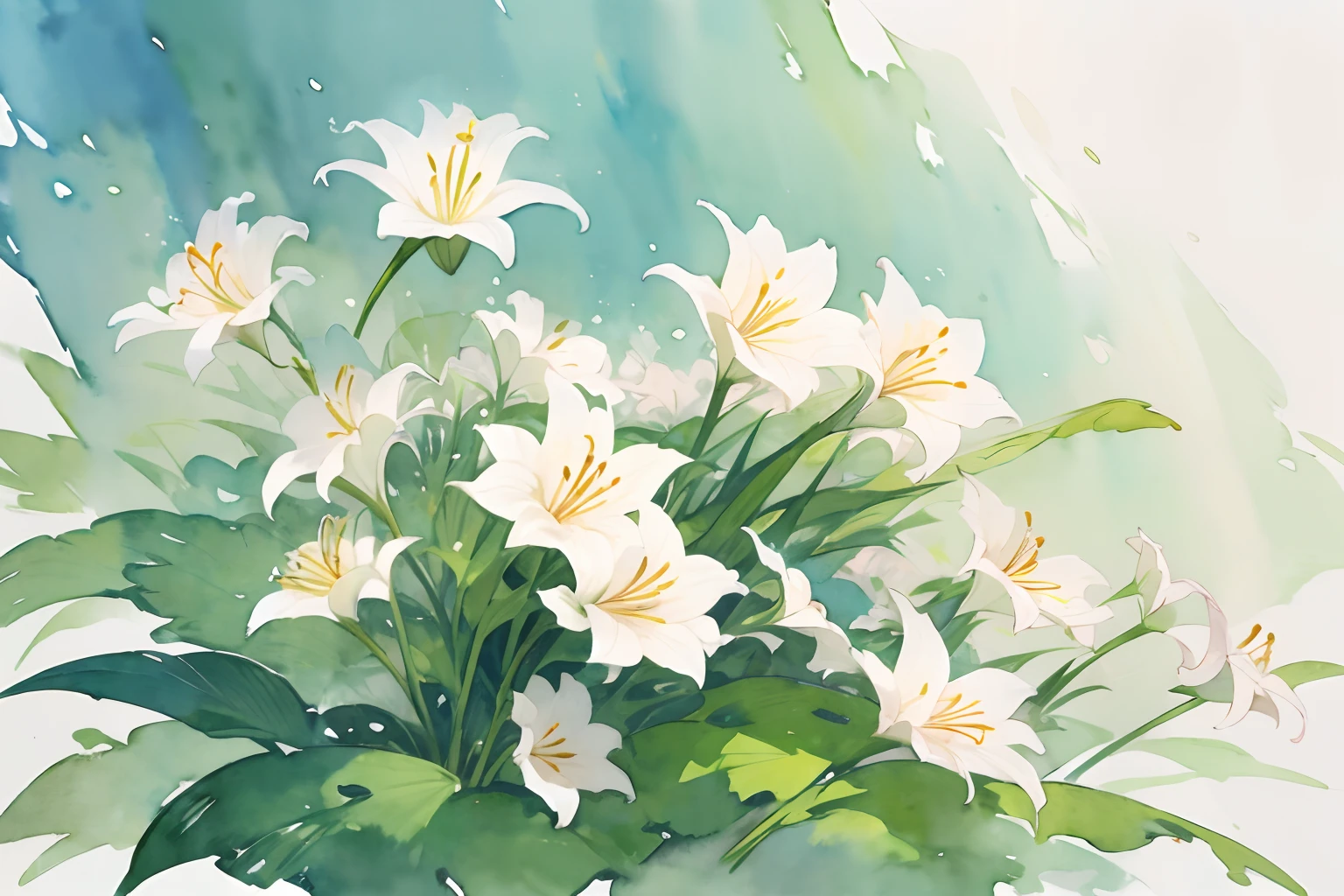 ((masutepiece)), (Professional Photography:1.2), (High Definition:1.3), Best Quality, (watercolor painting:1.3), from side, wide shot, (simple white background:1.10), pale green fine ink splashing, lily flowers, landscape