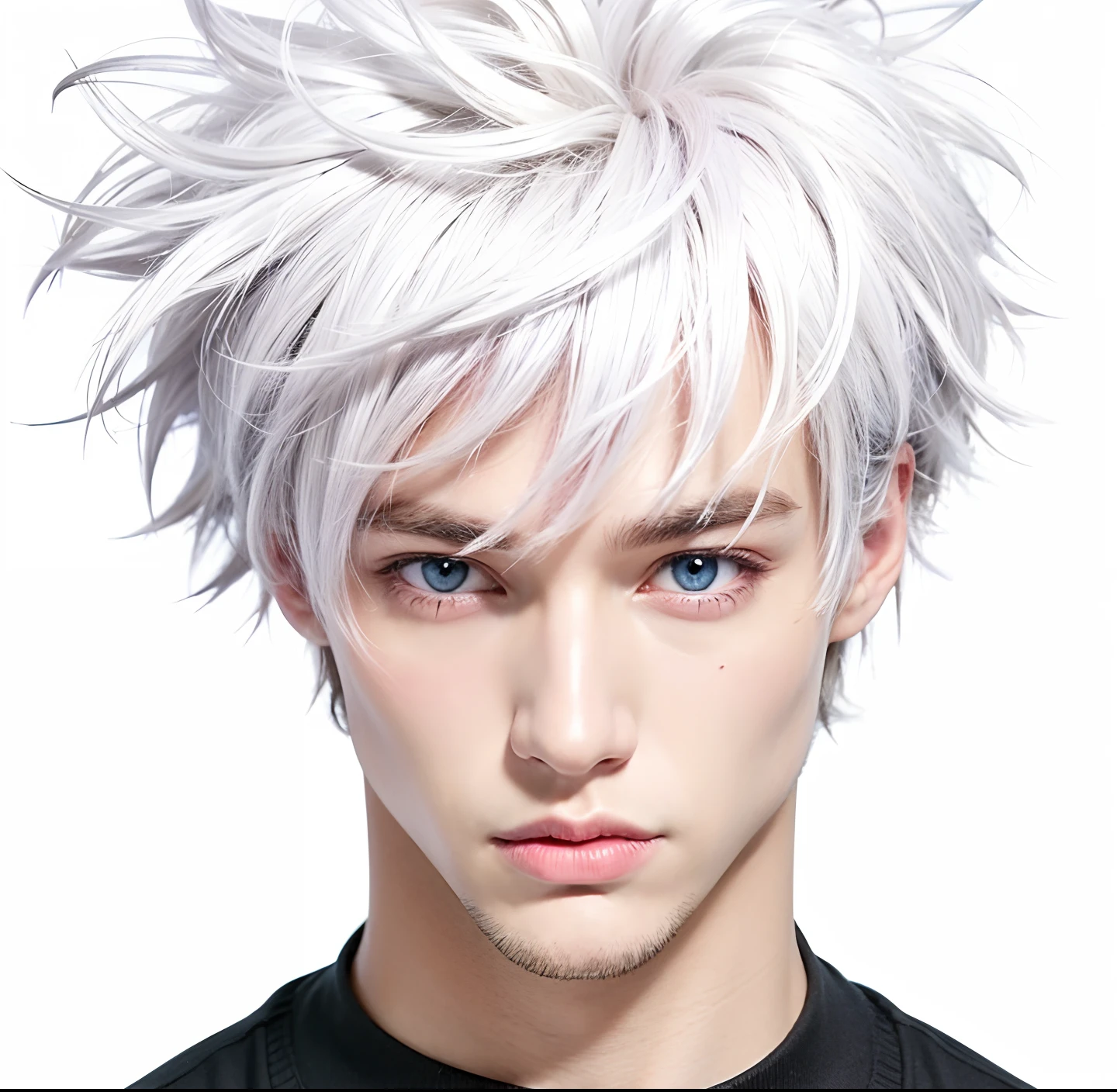 Man, white hair, blue eyes, pink lips, black shirt