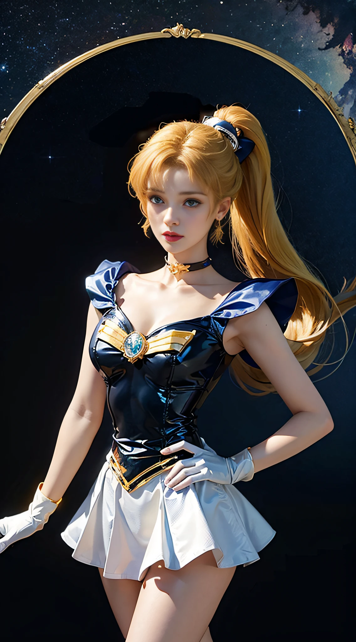 ((​masterpiece:1.4)、(top-quality:1.4)、(reallistic:1.7))、masuter piece:1.4、a beauty girl、(sailormoon:1.4)、Sexy female combat suit sticking to body、(latex shiny)、(The jacket is a white sleeveless sailor suit)、(Skirt is blue sexy ultra ultra mini skirt)、The collar of the sailor suit is blue with two thin lines.、Red cloth ornament at chest、(Wearing white gloves)、Kawaii Girl、Super beauty、foco nítido、Portrait photos、(Full body shooting:1.4)、beautiful countenance、beautidful eyes、Narrow waist、(Yellow hair:1.4)、poneyTail、Raw photo、red-lips、Red boots:1.4、a choker:1.4、a necklace:1.4、耳Nipple Ring:1.4、1 screen display、Outdoor landscape