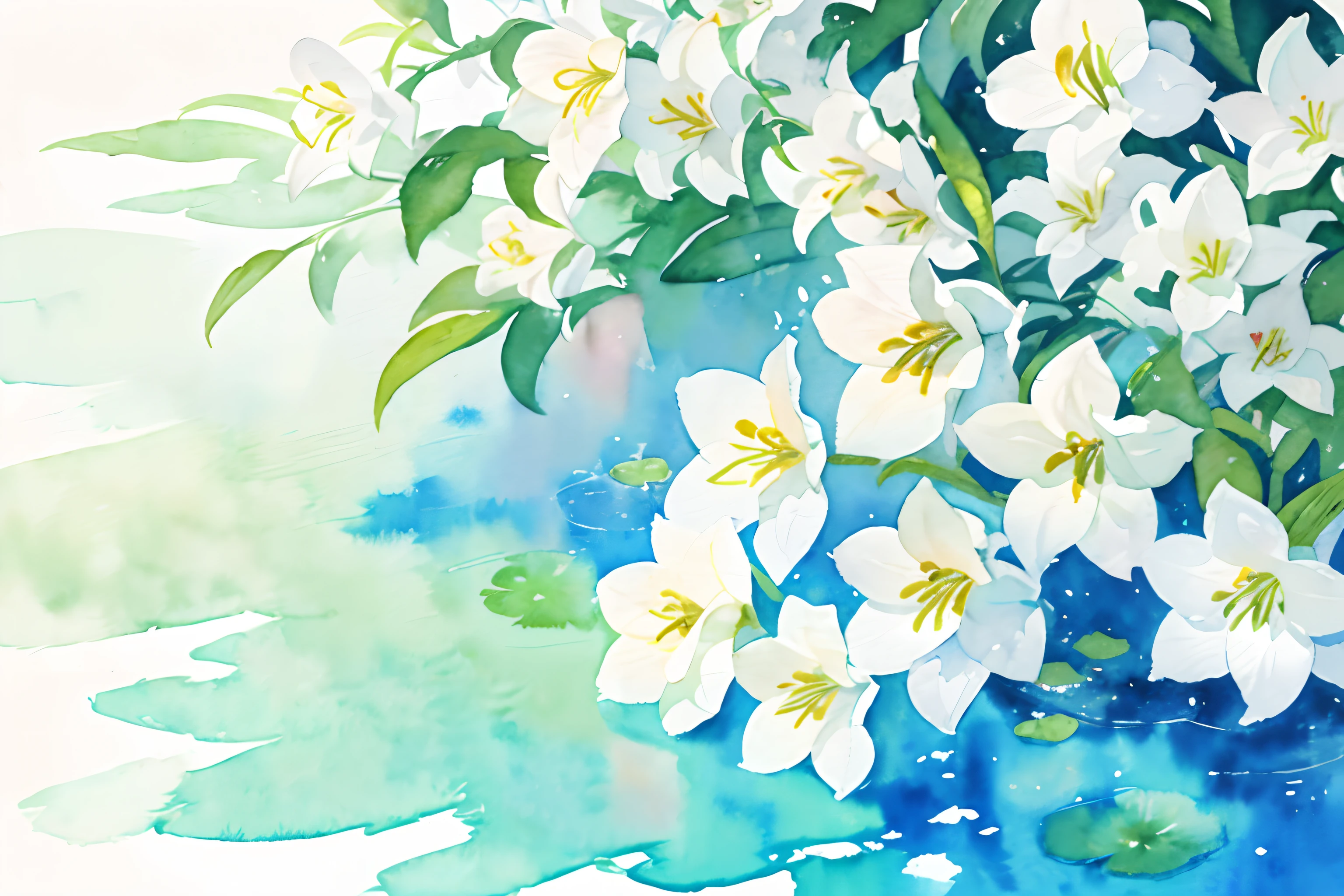 ((masutepiece)), (Professional Photography:1.2), (High Definition:1.3), Best Quality, (watercolor painting:1.3), from side, wide shot, (simple white background:1.10), pale green fine ink splashing, lily flowers, landscape