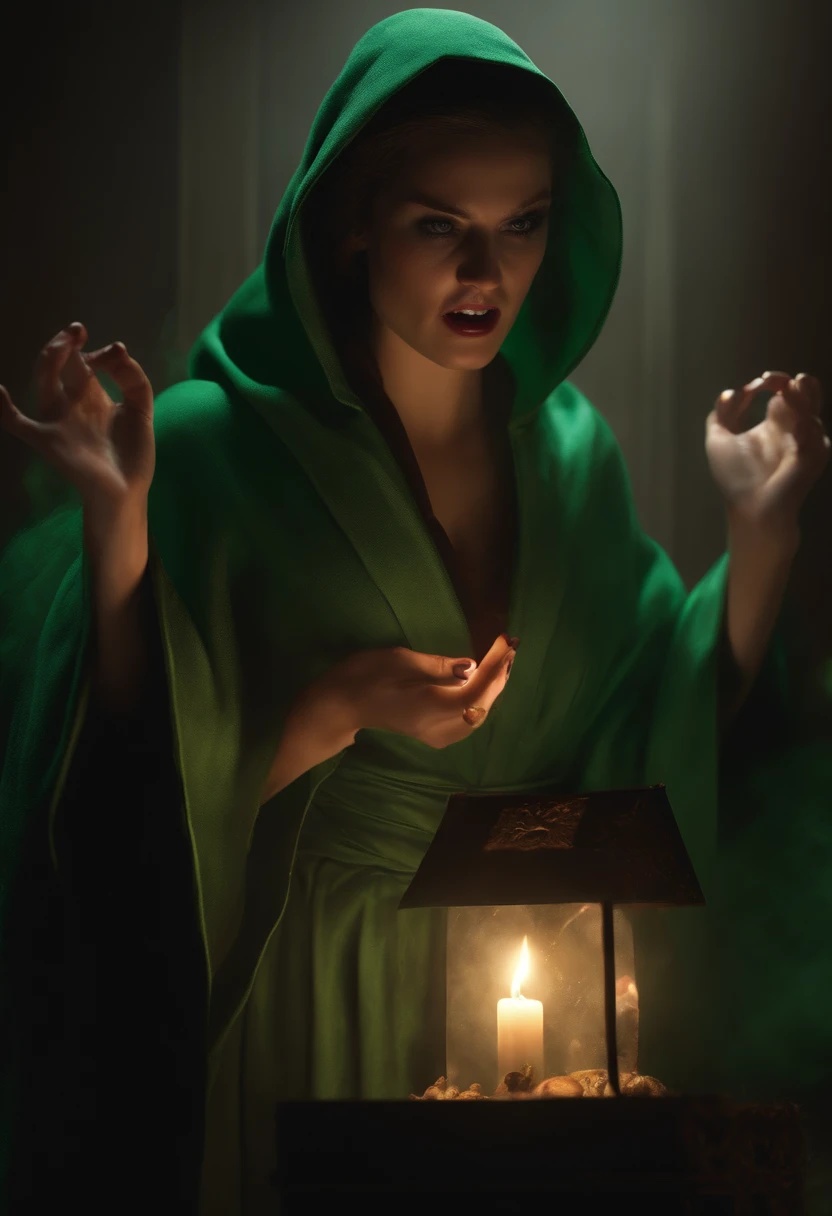 A young beautiful Woman opened a box. Dark smoke and horrorful small creatures like things flew out. The woman has a screaming a terrified, feared face. She’s wearing green robes. Realistic and animatic. High quality 3D