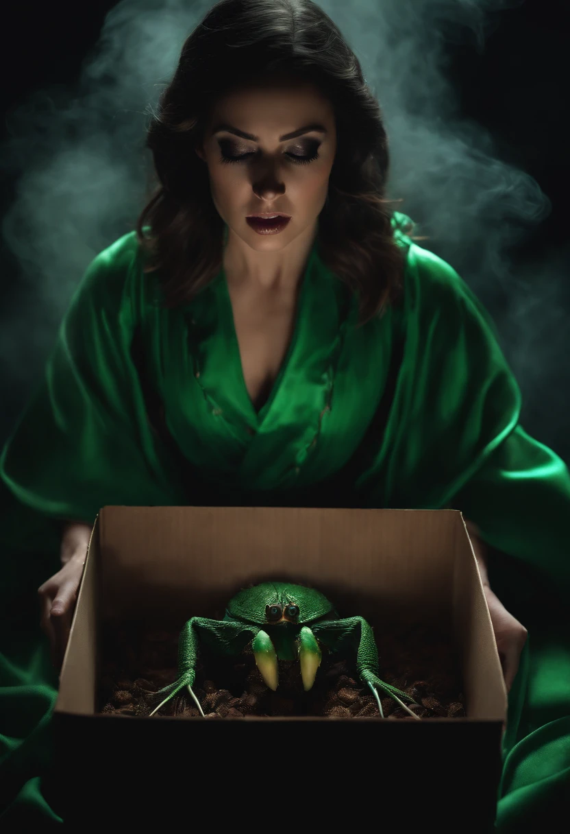 A young beautiful Woman opened a box. Dark smoke and horrorful small creatures like things flew out. The woman has a screaming a terrified, feared face. She’s wearing green robes. Realistic and animatic. High quality 3D