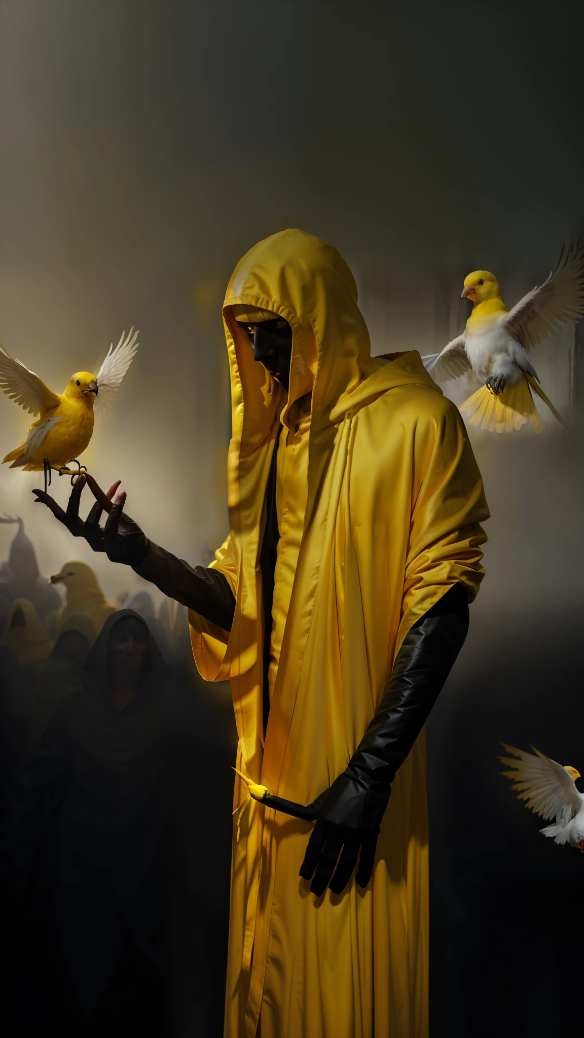 arafed man in yellow robe holding a white bird in his hand, yellow-robed cultist, hooded figure surreal, cloaked, with yellow cloths, inspired by Igor Morski, yellow robes, an old man with 7 yellow birds, kenku, wearing flowing robes, yellow robe, king in yellow, hastur the king in yellow
