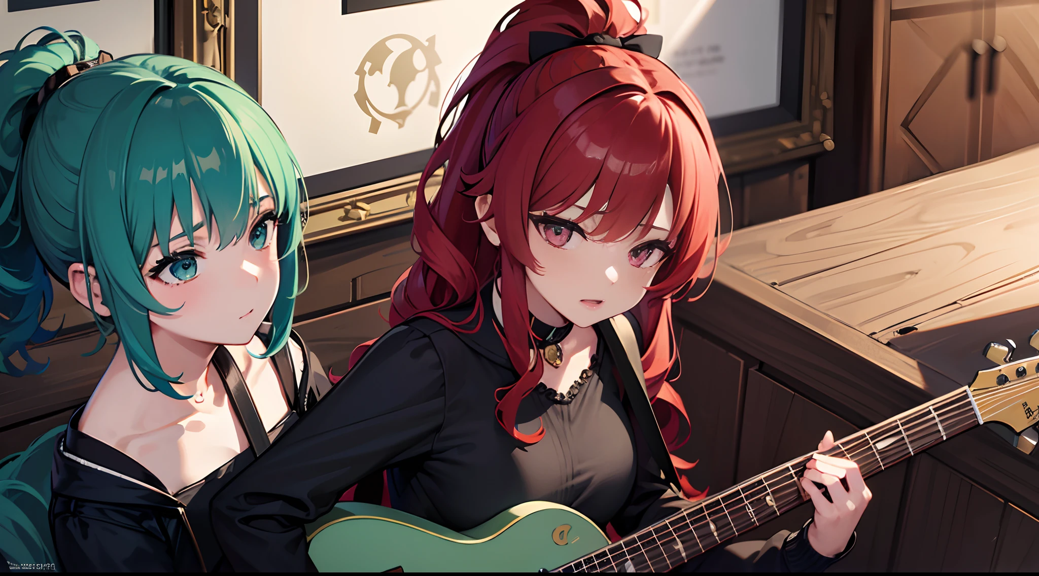 masterpiece, lots of detail, 4k, 8k, ((ultra-detailed)), highres, 2girls, live house, instruments, {red hair|green hair|black hair|blue hair}, {ponytail|short hair|long hair|curly hair}