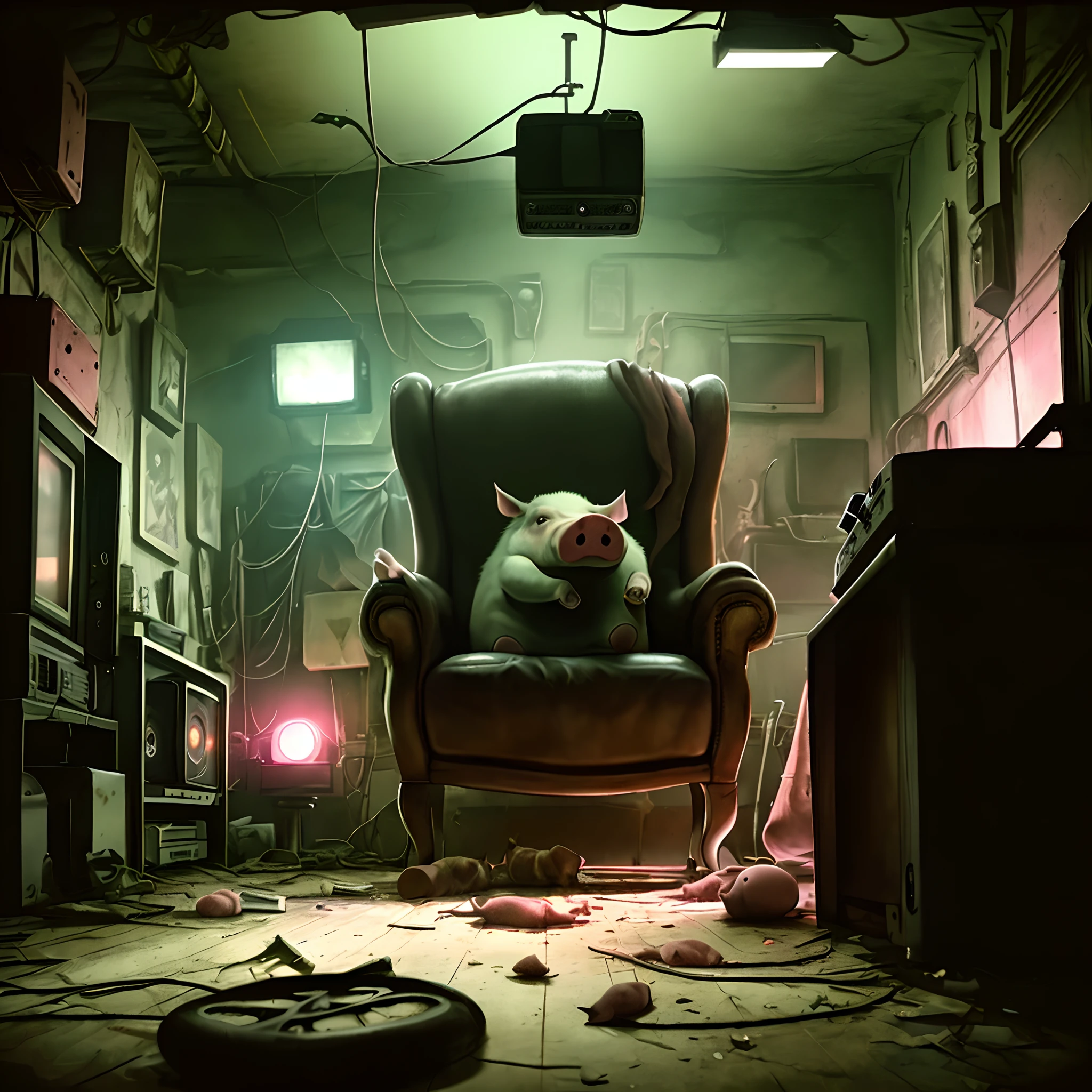 undergroung style, symmetrical art. blade runner, Mad max. In the basement of an old house with few lights and extremely messy, we see in the center of the back an old and torn leather armchair with an extremely large Pig sitting on it. The pig is euphoric watching a football game on a super old television from the 80s. The lights from the TV reinforce the silhouette of the pig, in an armchair. The composition is seen from the back of the room. Only the television lights up the room. Neo lights. Green, red, orange and purple tones predominate. Dramatic cinematic lights. Sparkles. Suspenseful tone. Vibrant colors. Beer, peanuts, flags, mess on the floor pile up the composition.