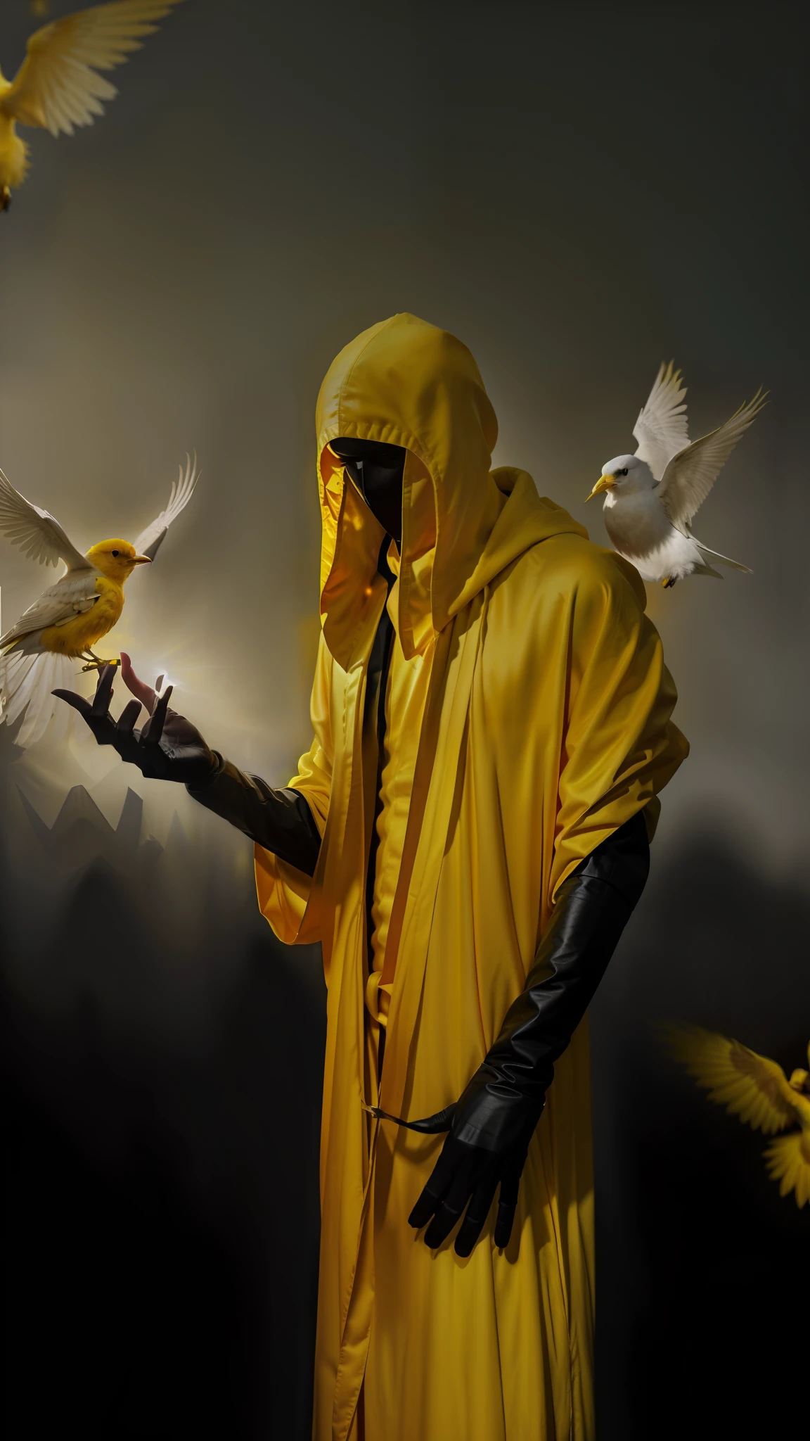 arafed man in yellow robe holding a white bird in his hand, yellow-robed cultist, hooded figure surreal, cloaked, with yellow cloths, inspired by Igor Morski, yellow robes, an old man with 7 yellow birds, kenku, wearing flowing robes, yellow robe, king in yellow, hastur the king in yellow