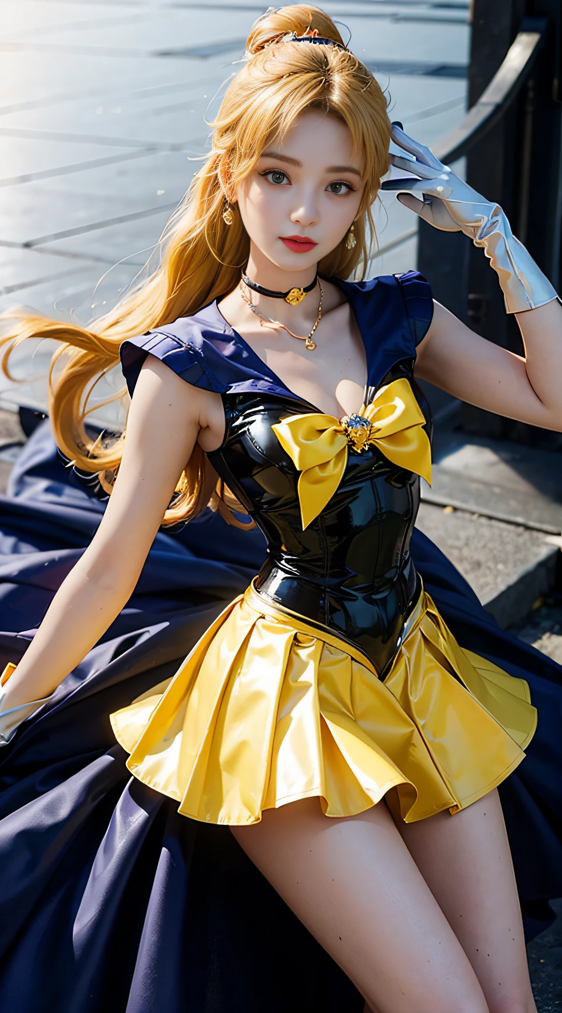 ((masterpiece:1.4)、(top-quality:1.4)、(reallistic:1.7))、masuter piece:1.4、a beauty girl、(sailormoon:1.4)、Sexy female combat suit sticking to body、(latex shiny)、(The jacket is a white sleeveless sailor suit)、(Skirt is blue sexy ultra ultra mini skirt)、The collar of the sailor suit is blue with two thin lines.、Red cloth ornament at chest、(Wearing white gloves)、Kawaii Girl、Super beauty、foco nítido、Portrait photos、Upper body photography:1.4、beautiful countenance、beautidful eyes、Narrow waist、(Yellow hair:1.4)、poneyTail、Raw photo、red-lips、Red boots:1.4、a choker:1.4、a necklace:1.4、耳Nipple Ring:1.4、1 screen display、Outdoor landscape