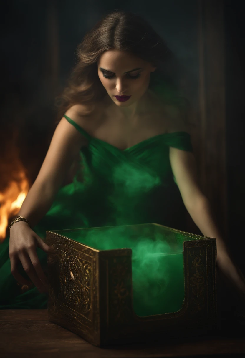 A young beautiful goddess opened a box. Dark smoke like things flew out. The woman has a very screaming a terrified, feared face. She’s wearing green Greek robesanimatic. High quality 3D