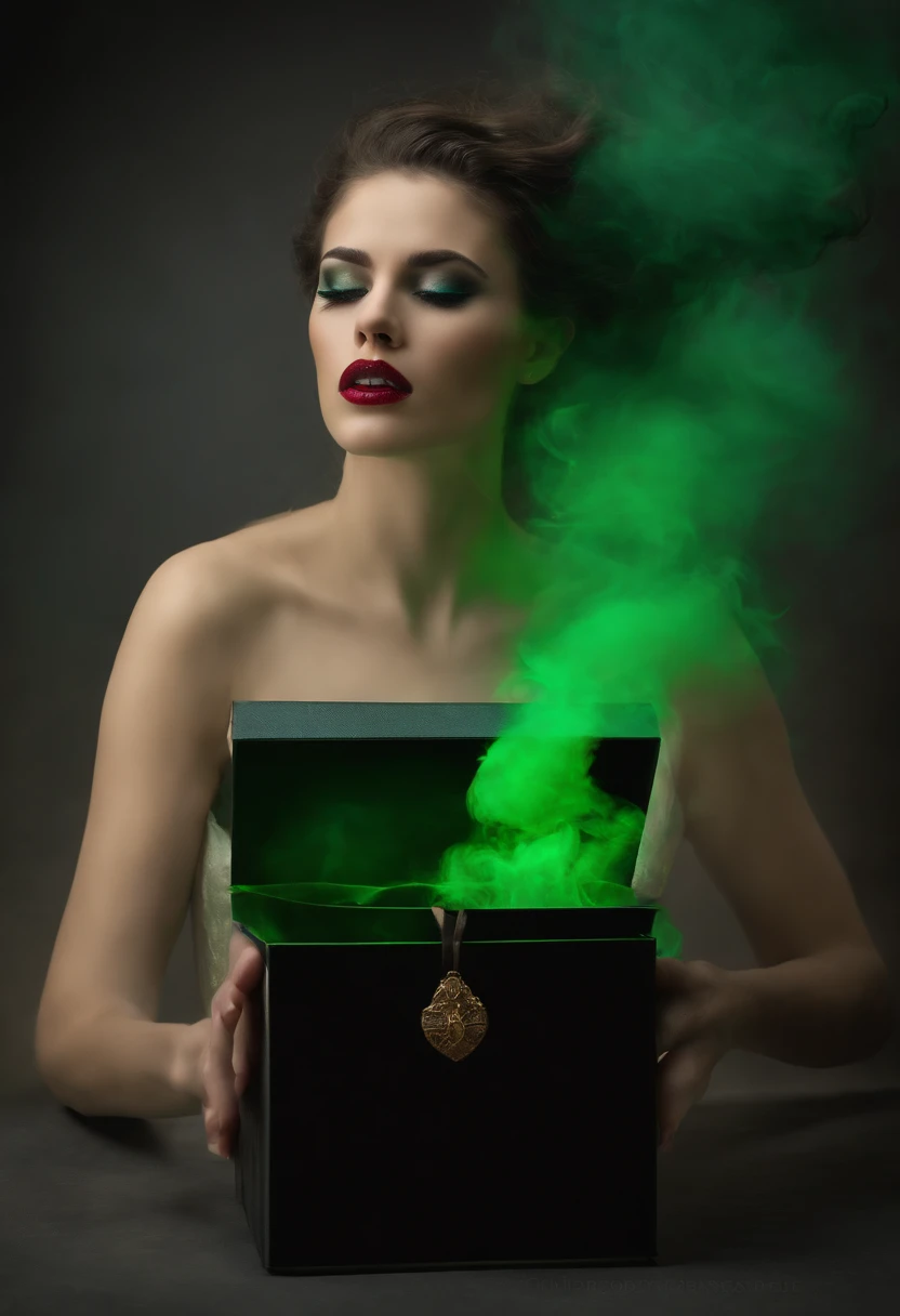 A young beautiful goddess opened a box. Dark smoke like things flew out. The woman has a very screaming a terrified, feared face. She’s wearing green Greek robesanimatic. High quality 3D