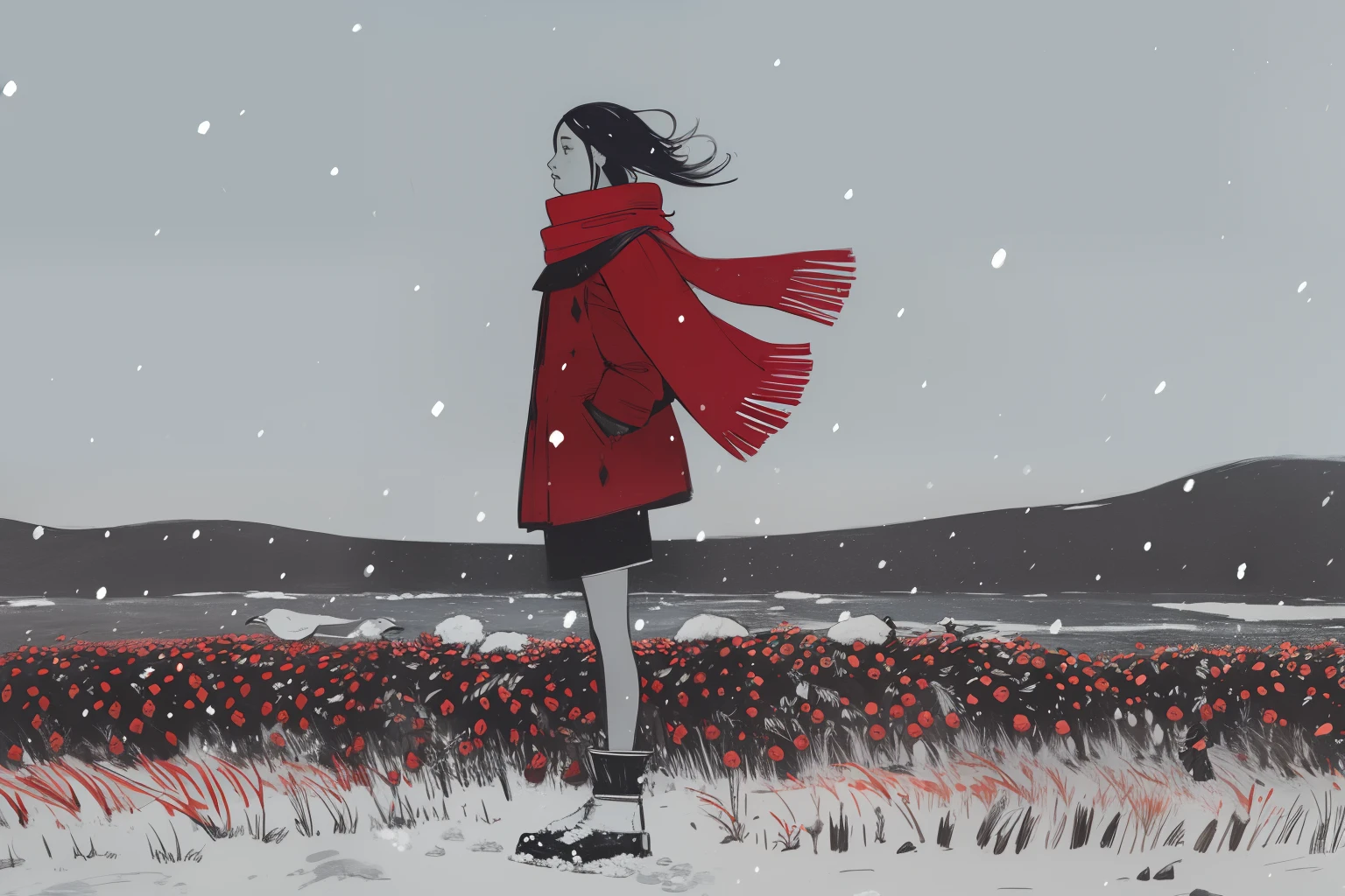 (tribal, ethnic, native inuit), 1girl, red scarf on wind, standing, winter, snow storm, wind, heavy snowfall, tundra, marsh, red berries, grey, white, dark, night, giant birds in the sky,  sketch