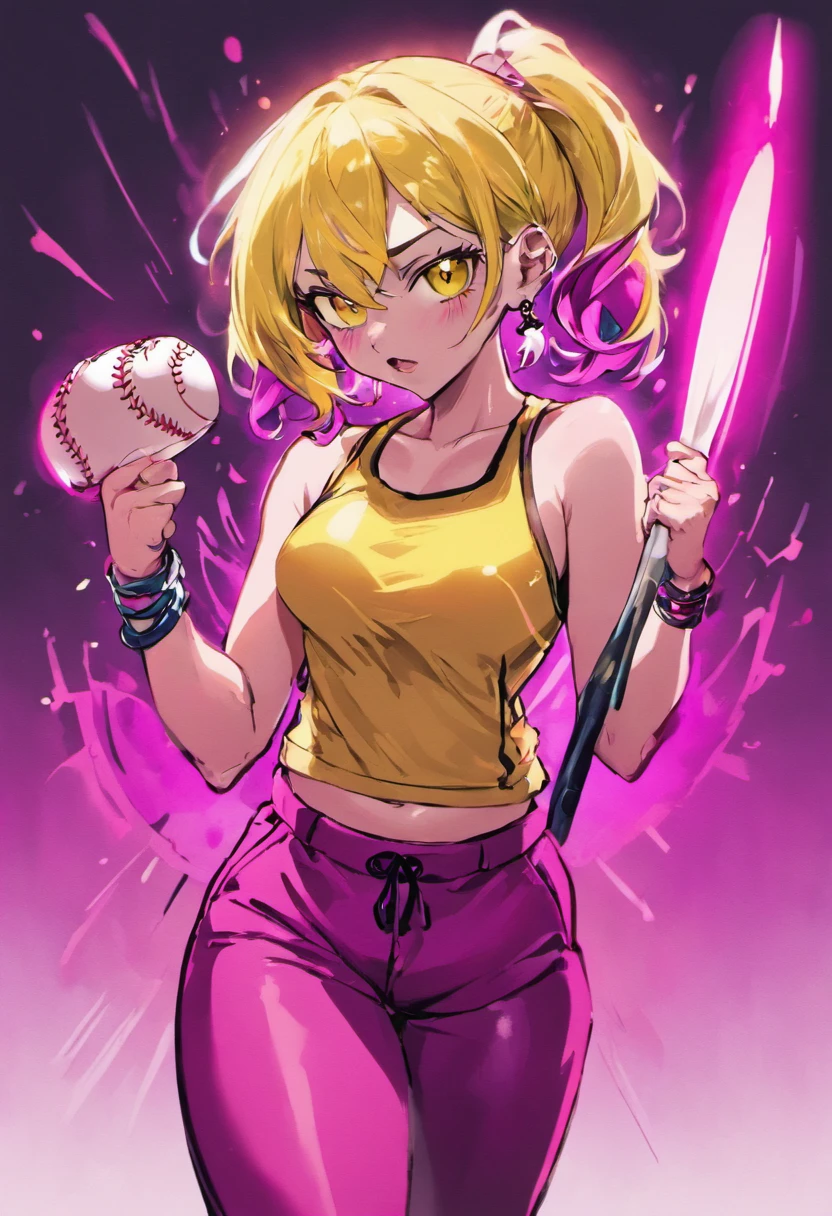 cartoon drawing of a woman with a baseball bat in her hand, female protagonist 👀 :8, epic anime style, unknown artstyle, “uwu the prismatic person, an edgy assassin, demon slayer rui fanart, clean artstyle, in the art style of 8 0 s anime, in an anime style, as an anime character, anime style character, official fanart, full body tattoos, two-toned clothes((yellow:1.3, magenta:1.3)), platinum yellow hair, sweat pants, tank top, plump lips, moon shaped earrings, ear piercings, b-cup sized breasts