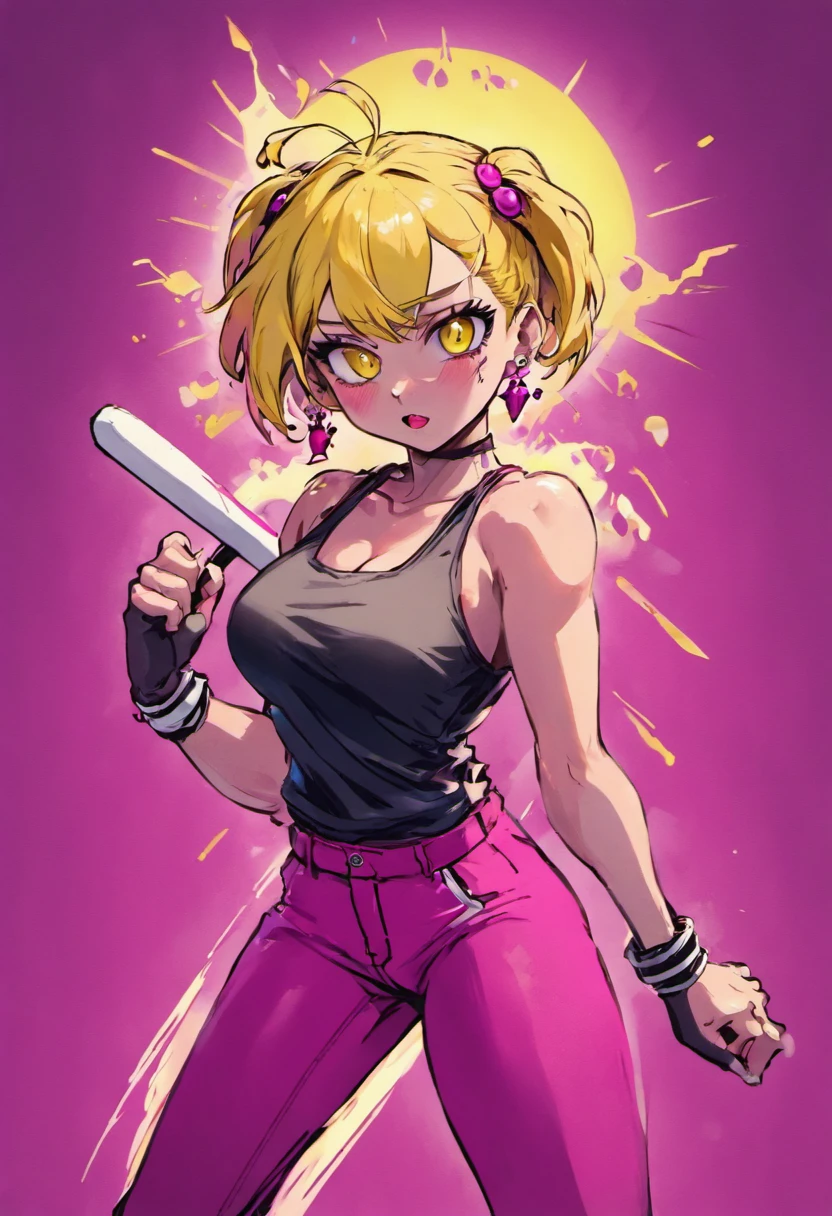 cartoon drawing of a woman with a baseball bat in her hand, female protagonist 👀 :8, epic anime style, unknown artstyle, “uwu the prismatic person, an edgy teen assassin, demon slayer rui fanart, clean artstyle, in the art style of 8 0 s anime, in an anime style, as an anime character, anime style character, official fanart, full body tattoos, two-toned clothes((yellow:1.3, magenta:1.3)), platinum yellow hair, sweat pants, tank top, plump lips, moon shaped earrings, ear piercings, b-cup sized breasts
