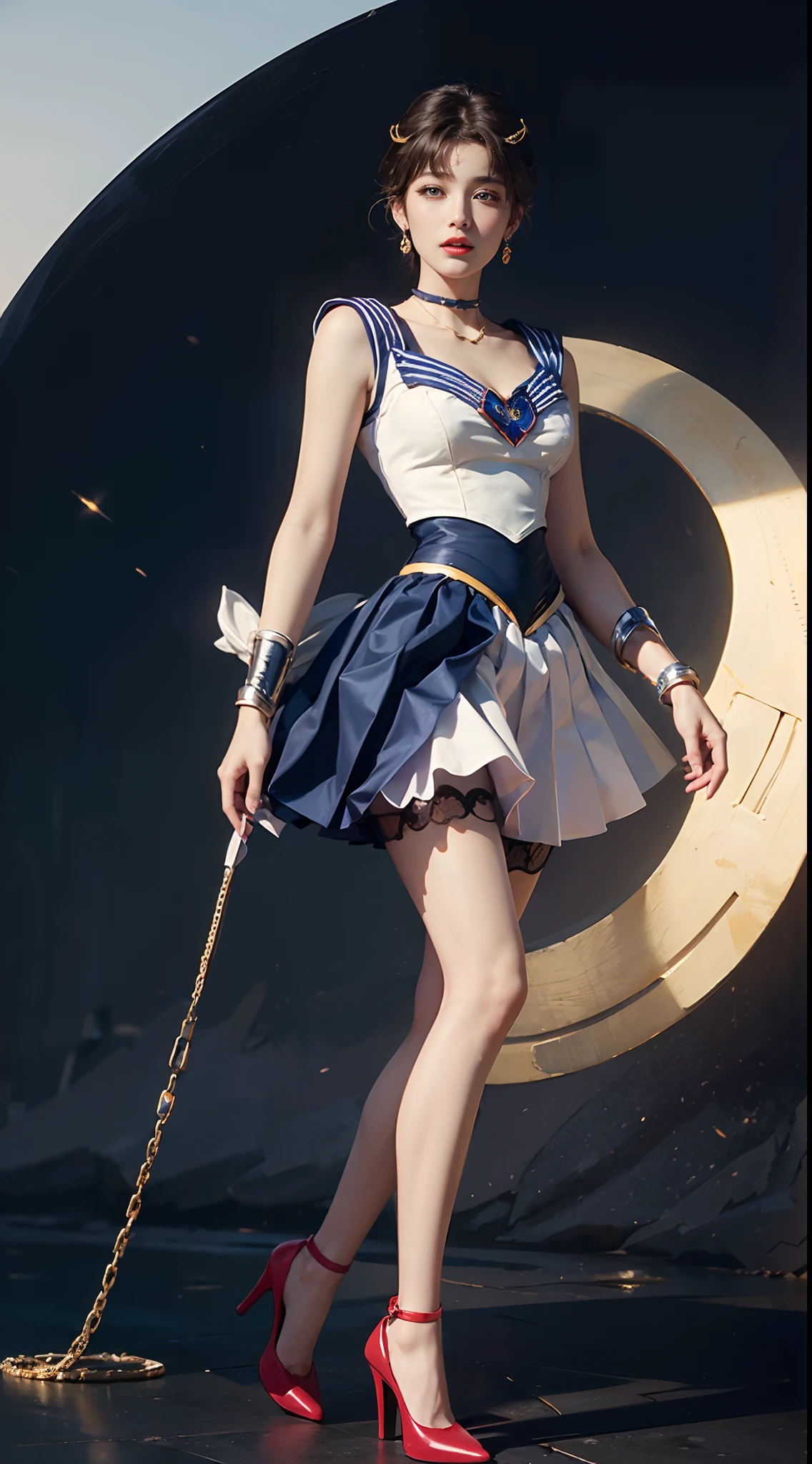 ((​masterpiece:1.4)、(top-quality:1.4)、(reallistic:1.7))、masuter piece:1.4、a beauty girl、(sailormoon:1.4)、Sexy female combat suit sticking to body、It is a sleeveless sailor suit design with cool blue design on white background、Sexy super mini skirt in a greasy color、Wear red gloves、Kawaii Girl、Super beauty、foco nítido、Portrait photos、Upper body photography、beautiful countenance、beautidful eyes、Narrow waist、poneyTail、Raw photo、red-lips、Red High Heels、a choker:1.4、a necklace:1.4、耳Nipple Ring:1.4、1 screen display、Outdoor landscape