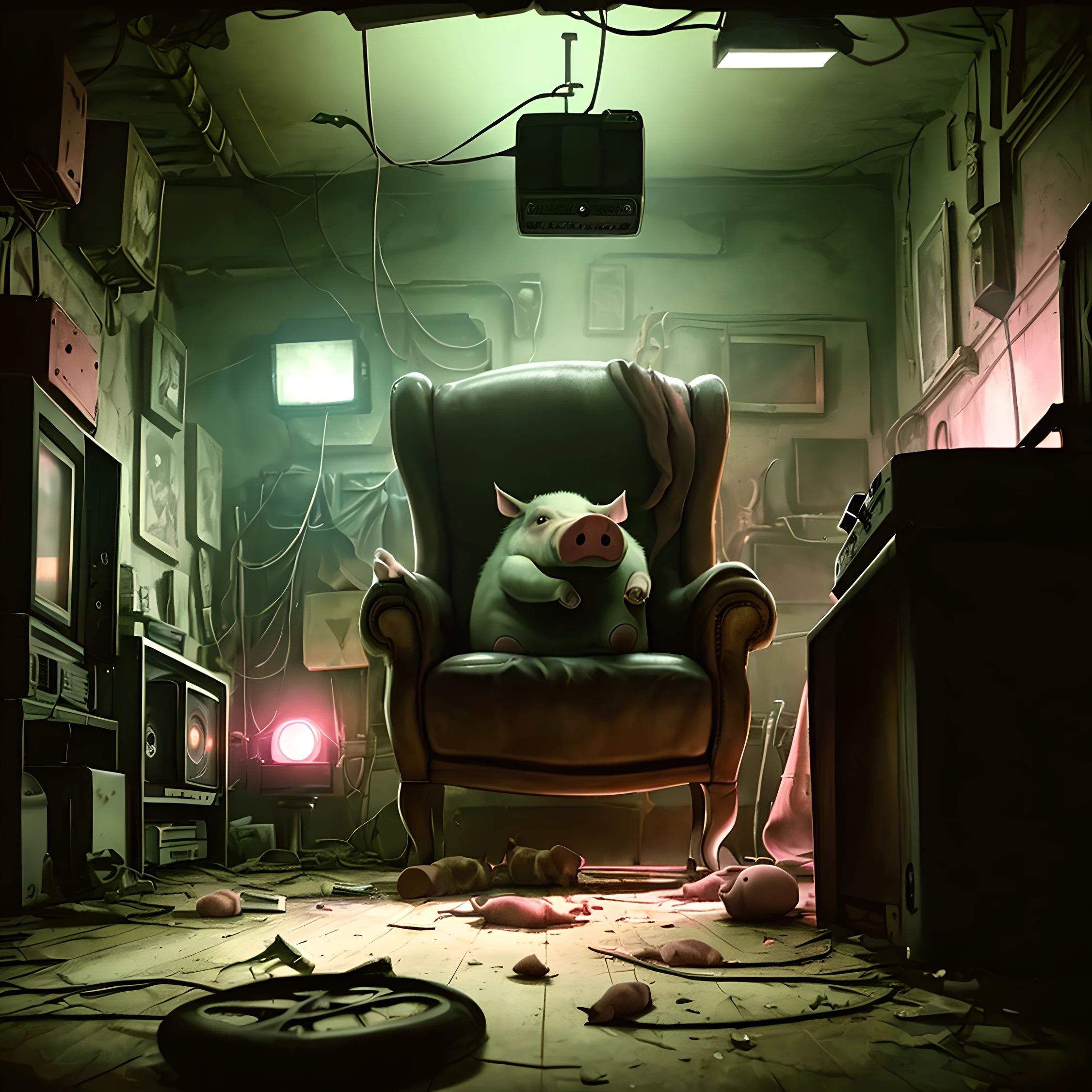 undergroung style, symmetrical art. blade runner, Mad max. In the basement of an old house with few lights and extremely messy, we see in the center of the back an old and torn leather armchair with an extremely large Pig sitting on it. The pig is euphoric watching a football game on a super old television from the 80s. The lights from the TV reinforce the silhouette of the pig, in an armchair. The composition is seen from the back of the room. Only the television lights up the room. Neo lights. Green, red, orange and purple tones predominate. Dramatic cinematic lights. Sparkles. Suspenseful tone. Vibrant colors. Beer, peanuts, flags, mess on the floor pile up the composition.
