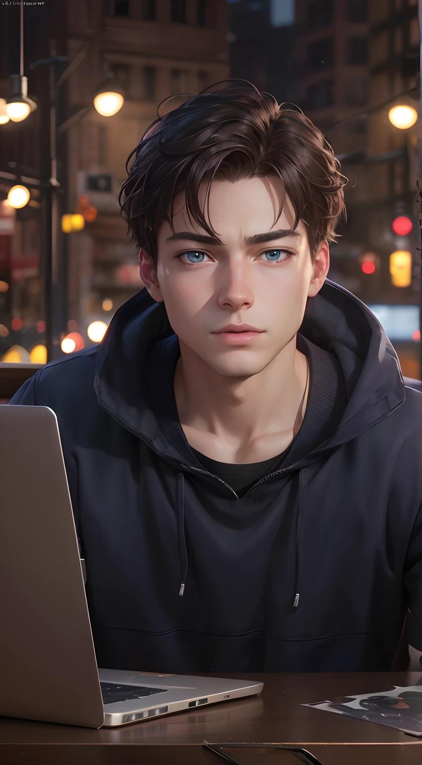 Close up portrait of a person sitting at a laptop table, Realistic art style, Peter Parker, Photorealistic Art Style, Realistic art style, realism artstyle, background artwork, Realistic style, 4k detailed digital art, Detailed Digital Anime Art, realistic anime 3 d style, Cartoon style,Calm eyes、Friendly atmosphere、Blue eyes