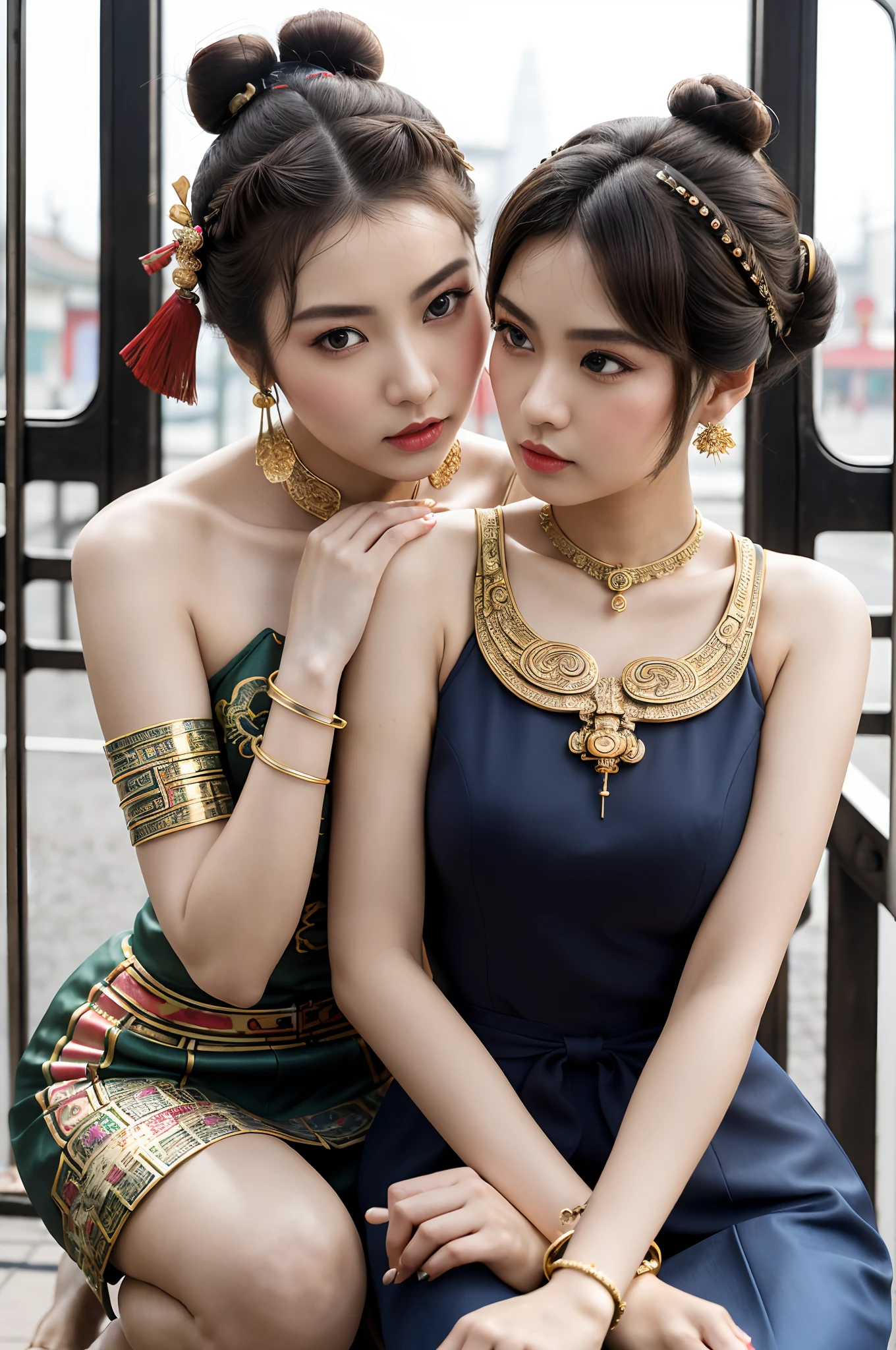 ((Realistic:1.5)),Ulzzang-6500:1.3,((Best quality)), ((Masterpiece)),((Detailed)),2girls,duo,railway station 1920's Shanghai,retro train background:1.4,{2 beautiful women}, (Upper body:1.3),(hair bun,Chinese retro hairpins:1.4),Hug and touch each other, Tease your friend's waist, Breathless friends, Biting a friend's earlobe, crouched,super wide shot,Face focus, Long legs,Curvy, Barefoot,Wide hips, Thin legs, Oversized eyes,Long eyelashes, (Detailed face,beautidful eyes, detailed pupils,detailed clothes features), (armlets, bangle:1.3),(Alebriès Art Style),Sharp,Perfect compounding, Intricate, Sharp focus, Dramatic,
