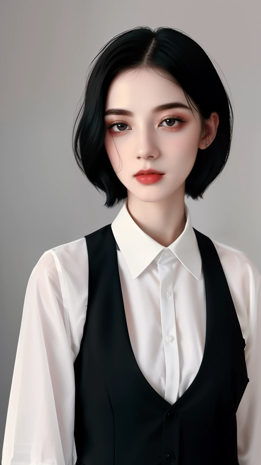there is a woman in a white shirt and black vest, 🤤 girl portrait, 1920s vibes, girl in a suit, with pale skin, androgynous, dystopian retro 1920s vibe, portrait androgynous girl, androgynous person, girl in suit, androgyny, beautiful androgynous girl, delicate androgynous prince