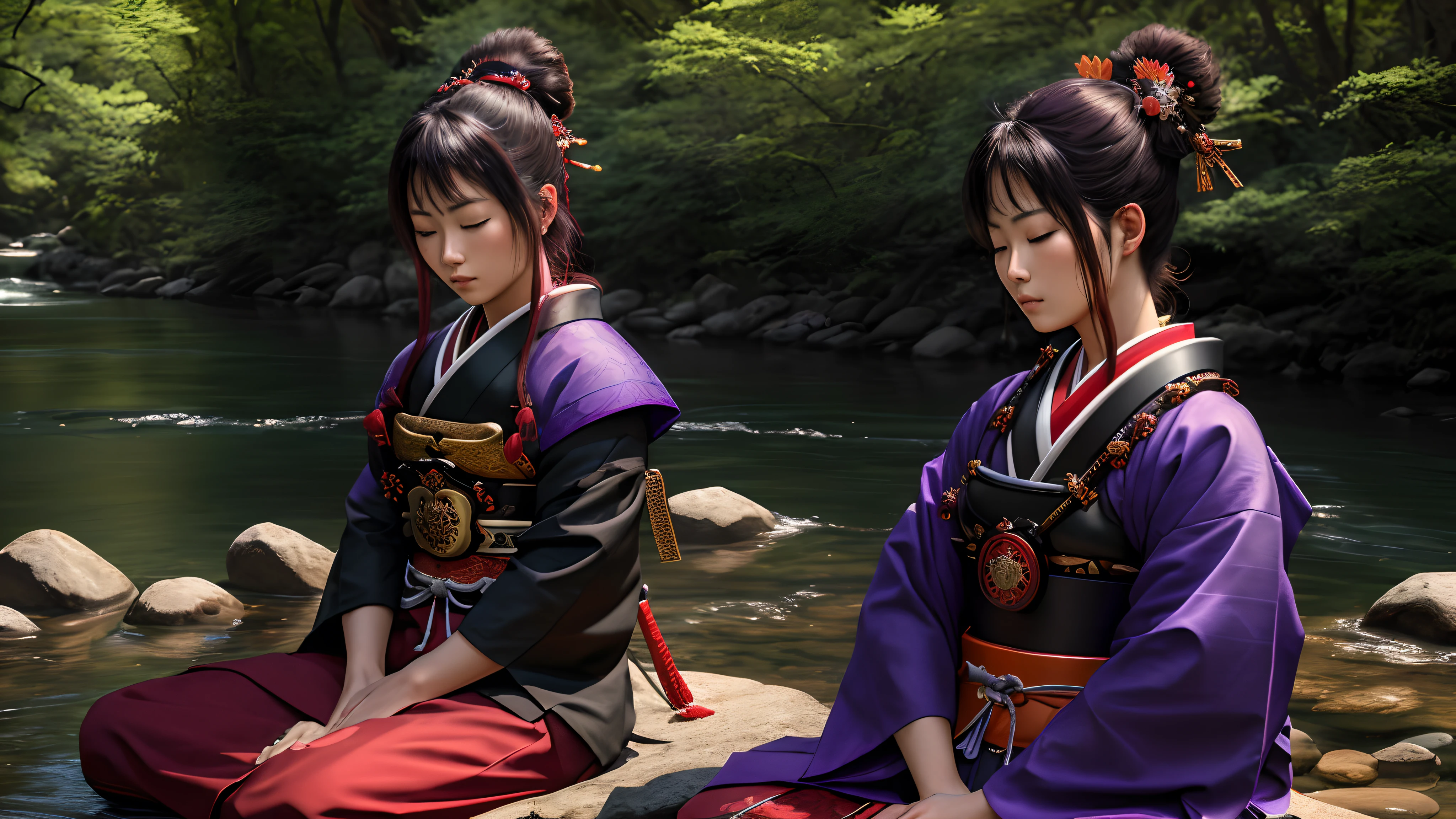(best quality,4k,8k,highres,masterpiece:1.2),ultra-detailed,realistic,meditation of a sitting woman,samurai,eyes closed,beautiful detailed face,purple and red shadow,nature,river,seven chakra rays in great detail