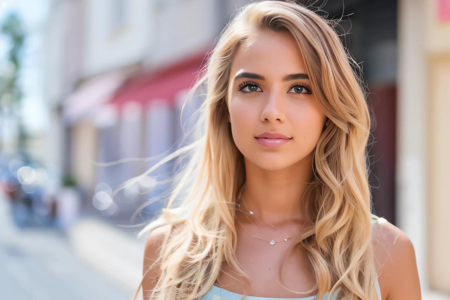 Blonde woman with long hair and blue dress standing on the street, mulher loira bonita, Blonde and attractive features, mulher loira nova, mulher jovem atraente, mulher loira, loira mulher jovem bonita, menina loira bonita, mulher jovem bonita, mulher bonita jovem, mulher atraente, uma menina com cabelo loiro, close up de uma mulher loira, ombro - comprimento do cabelo loiro