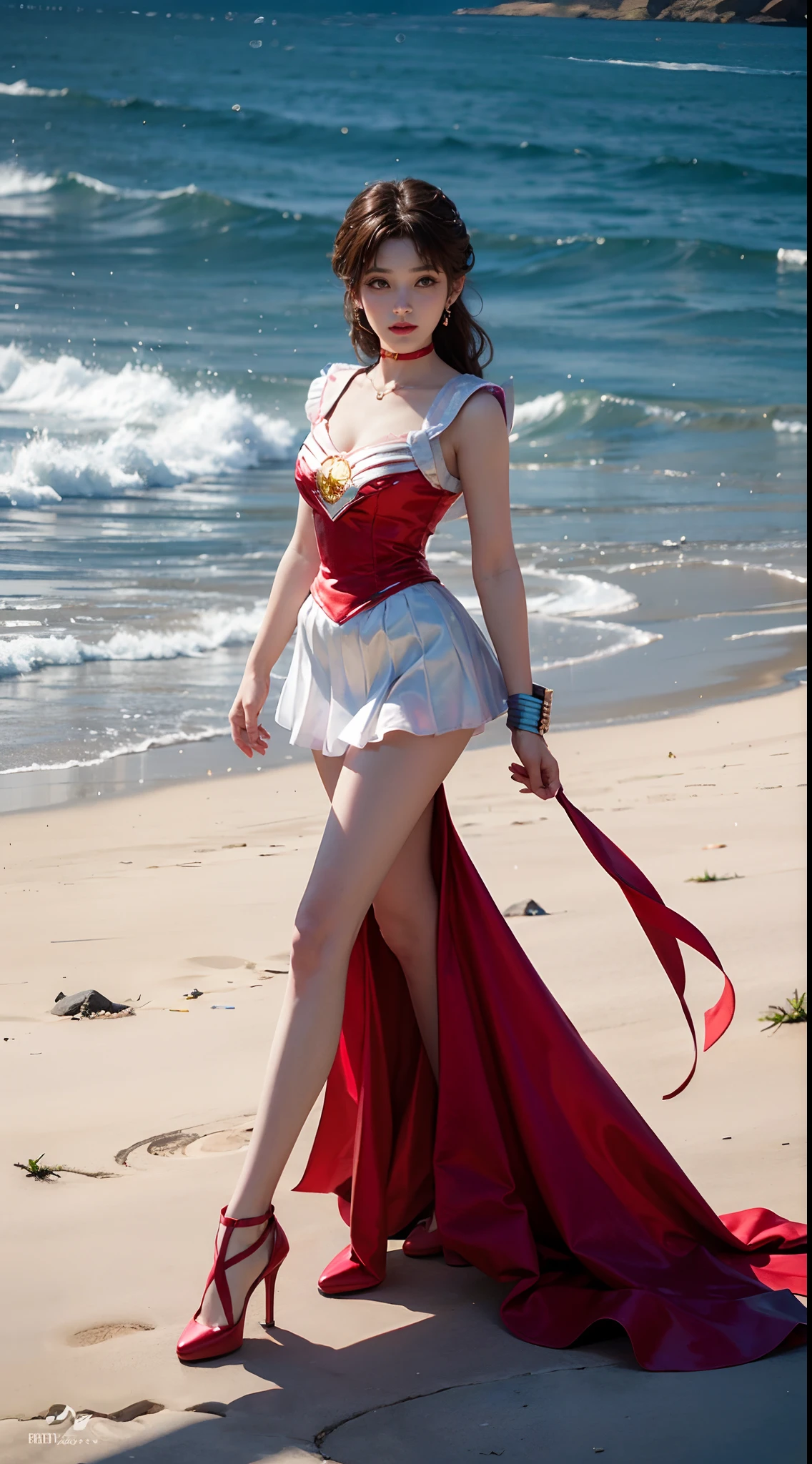 highest quality,masterpiece,ultra high resolution,(actual:1.4),original photo,ultra high resolution,8K,there is a woman,Fair skin,exquisite makeup,big waves of red lips,yellow and navy dress,high heels,long legs,bright and beautiful,Fancy makeup with red eyeshadow,Breasts and buttocks exposed:1.2,
