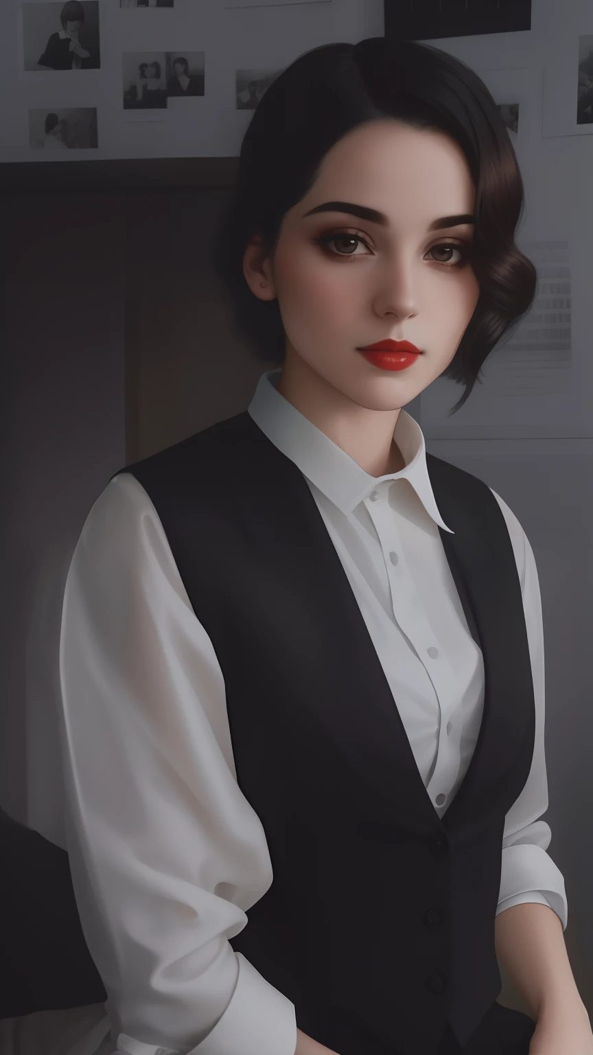 there is a woman in a white shirt and black vest, 🤤 girl portrait, 1920s vibes, girl in a suit, with pale skin, androgynous, dystopian retro 1920s vibe, portrait androgynous girl, androgynous person, girl in suit, androgyny, beautiful androgynous girl, delicate androgynous prince