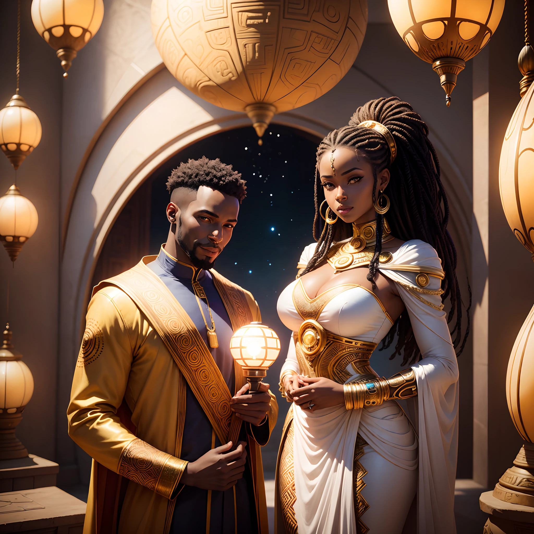 Happy African man marrying African woman both wearing African designed clothes, marriage ceremony on a futuristic african designed temple in the sky surrounded with drone lamps inside the temple, with african designed sculptures and instruments inside the temple, shining a beautiful light, surrounded by a celebrating congregation all in african designed clothes, with iridescent light, hyperrealistic image, 32k, ultra HD, cinematic lighting, artgerm style, sci-fi art, afrofuturism art