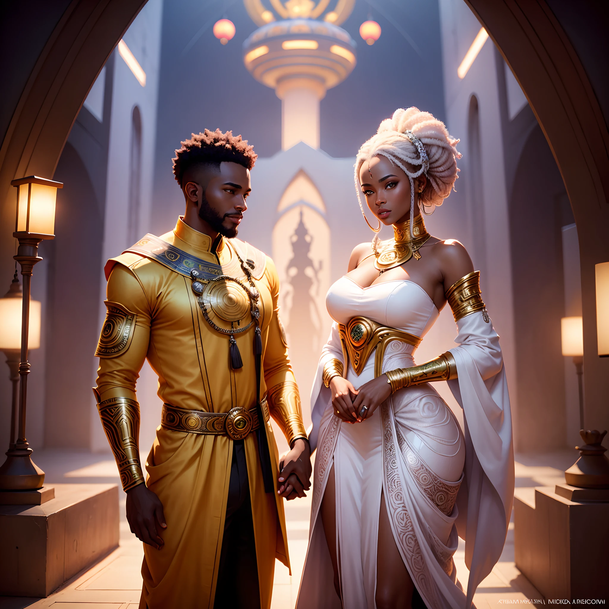 Happy African man marrying African woman both wearing African designed clothes, marriage ceremony on a  futuristic african designed temple in the sky surrounded with drone lamps inside the temple, with african designed sculptures and instruments inside the temple, shining a beautiful light, surrounded by a celebrating congregation all in african designed clothes, with iridescent light, hyperrealistic image, 32k, ultra HD, cinematic lighting, artgerm style, sci-fi art, afrofuturism art