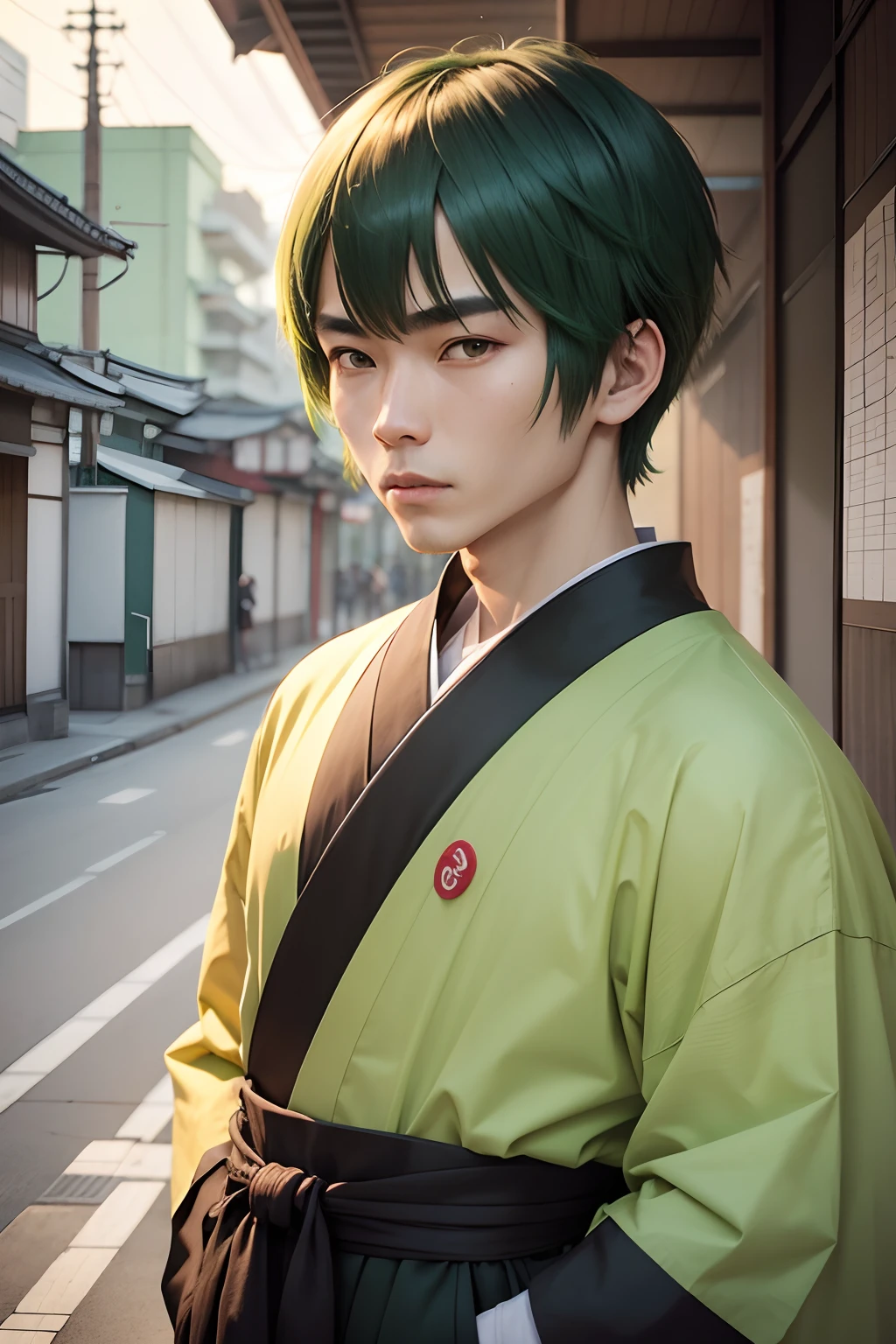 Kansai people,male,green hair,short bangs hair,