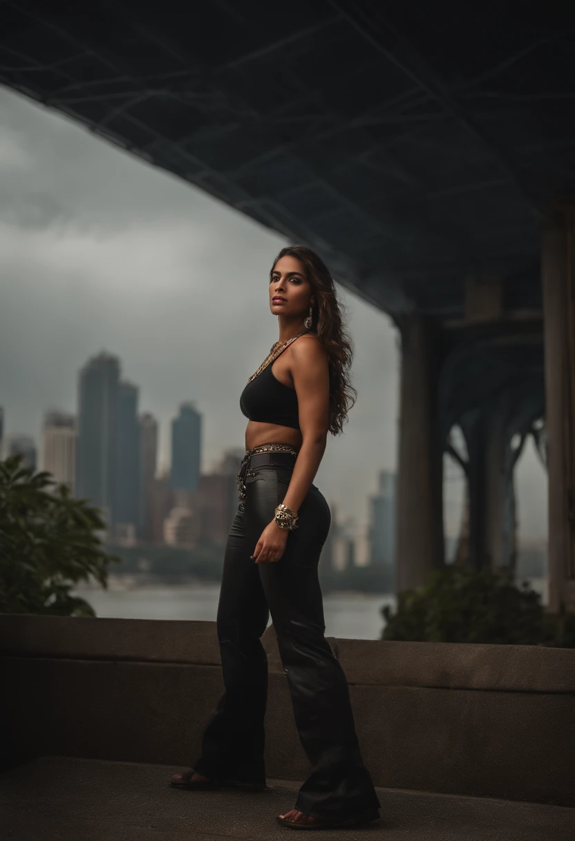 "An imposing Giantess in a hippie style hippie and laid-back is rocking a crop top and baggy pants. His toned and athletic build suggests his enormous strength. Ela parece estar passeando casualmente pela movimentada paisagem urbana de GTS City, while towering buildings loom over the city. Smoke and clouds prowl around your fence, adding to the sense of epic scale and drama. The lighting is dark, sombria e realista, creating a tense and threatening atmosphere. The outlook is from below, enfatizando a majestade e o poder dos Giantes, (((sem calcinha ))."