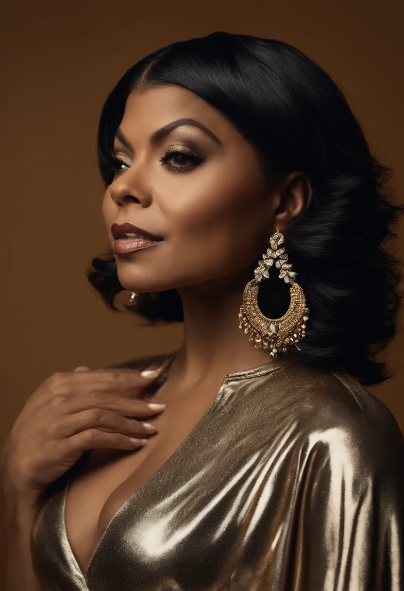 um close up da atriz Taraji Penda Henson uma negra mulher com um colar de ouro e brincos, arte do designer, foto da atriz Taraji Penda Henson mulher negra, feminilidade", diva, obra-prima', atriz Taraji Penda Henson, rainha bonita, Obra-prima da arte, reads beautifully, arte bonita, foto promocional, Foto promocional, dramatic ", dramatic", emocionalmente sugestivo, Imagem promocional, taken in the early 2020s, inspiration